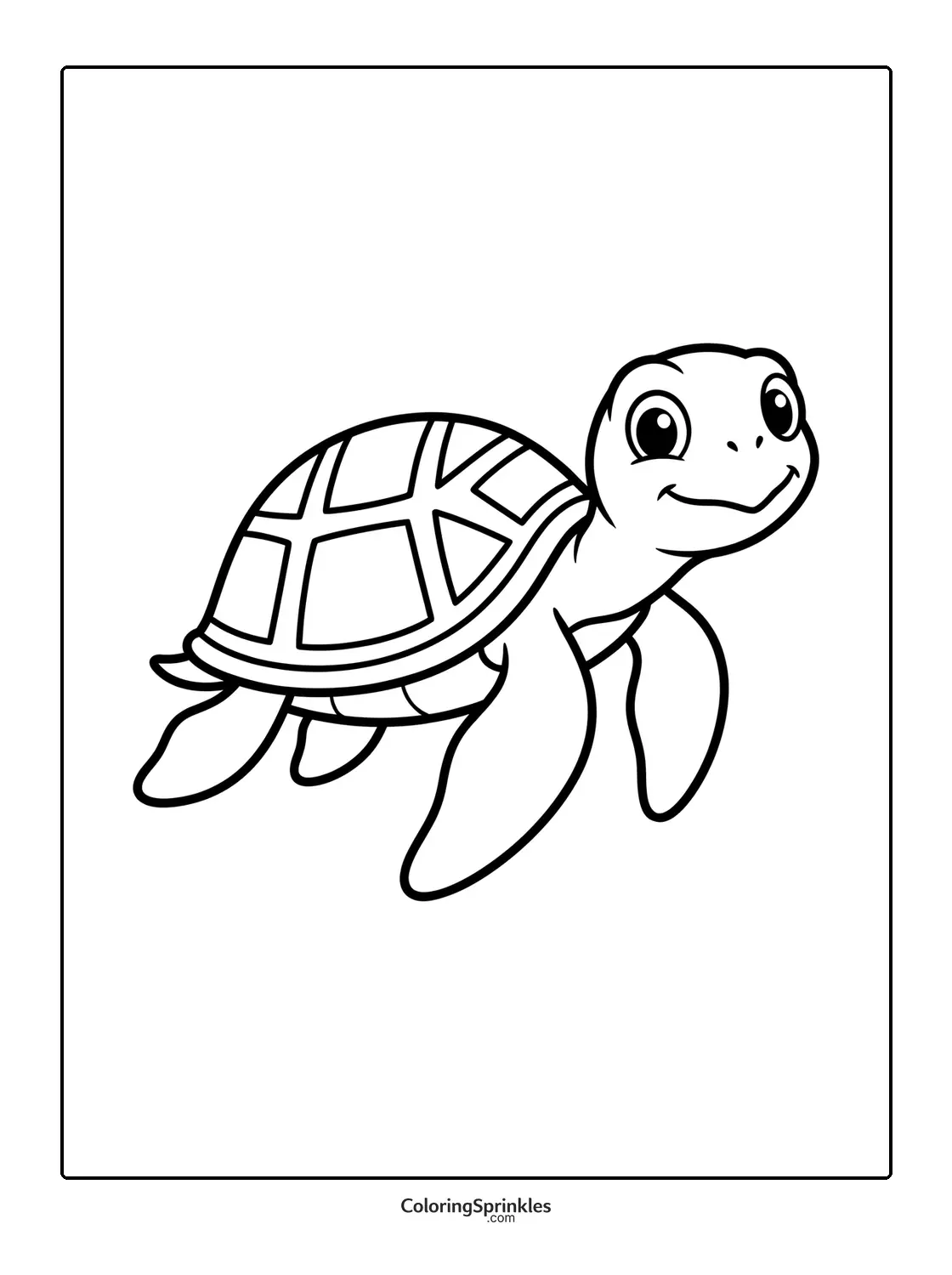Coloring page of a smiling cartoon sea turtle