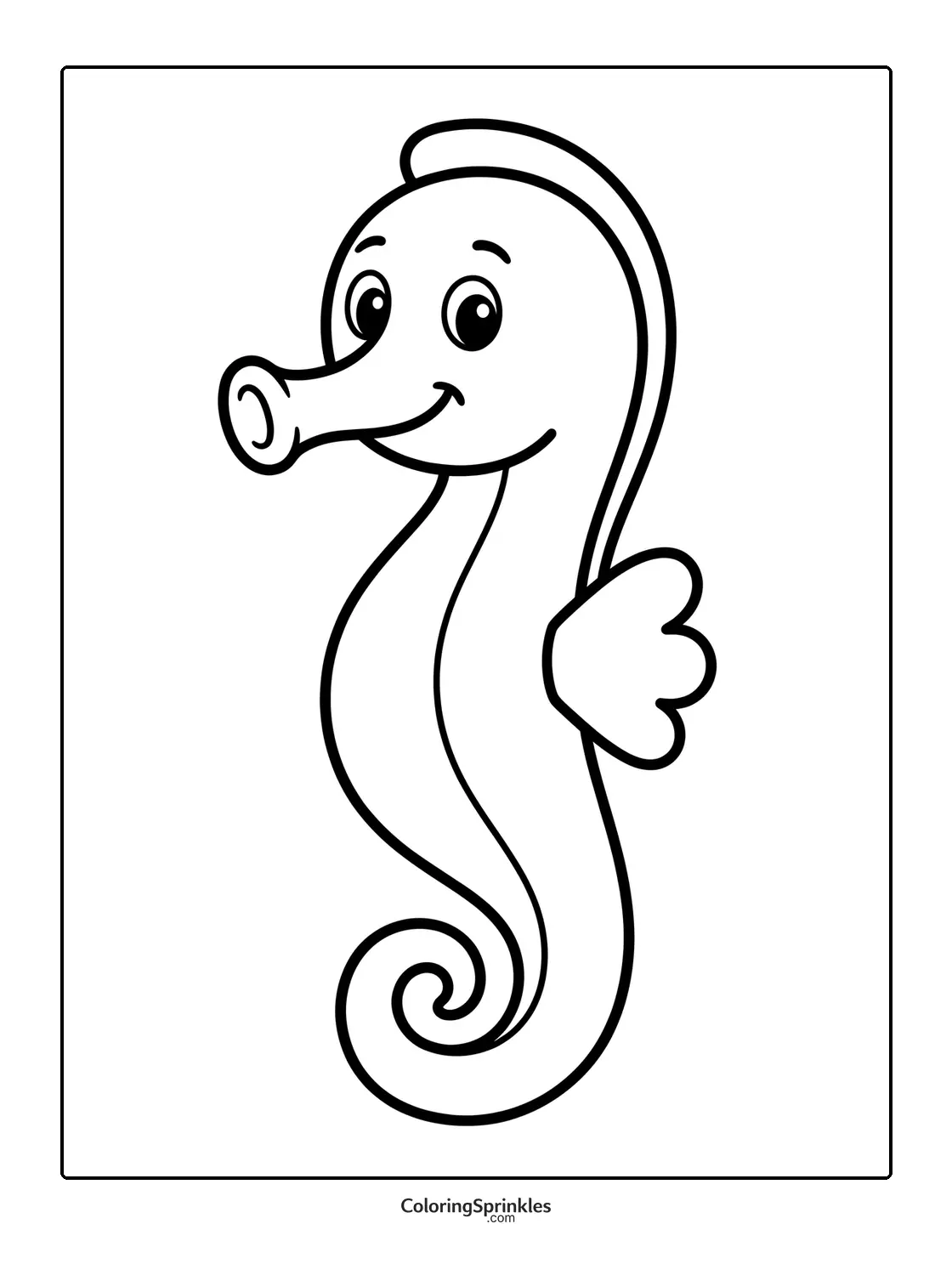 Coloring page of a smiling cartoon seahorse