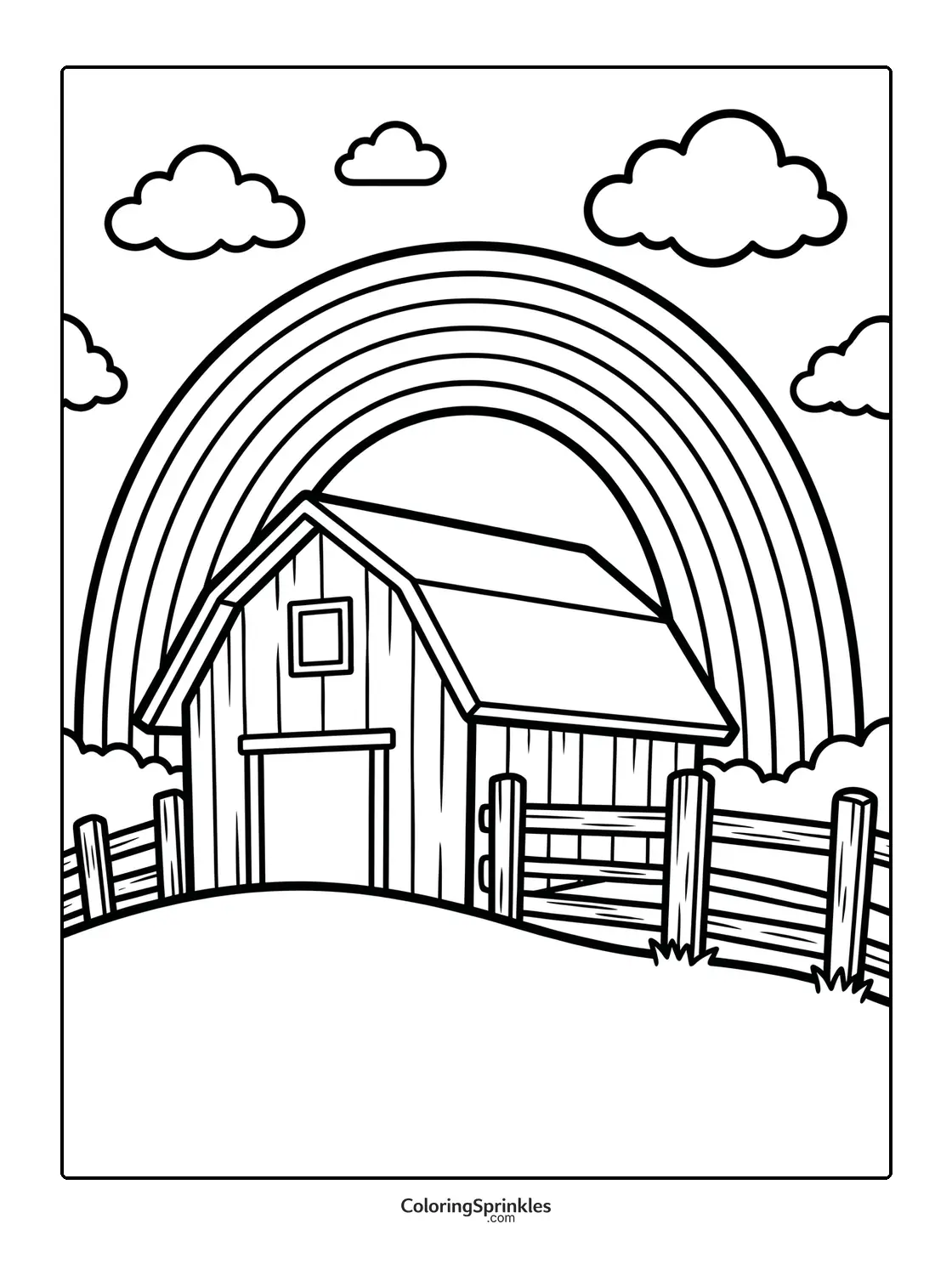 Coloring page of a barn with a rainbow, clouds, and a fence on a hill