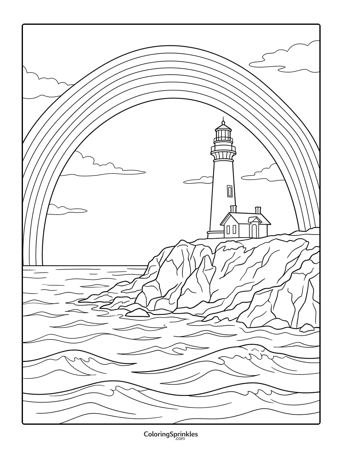 Coloring page of a lighthouse on a rocky coast with a rainbow over the sea