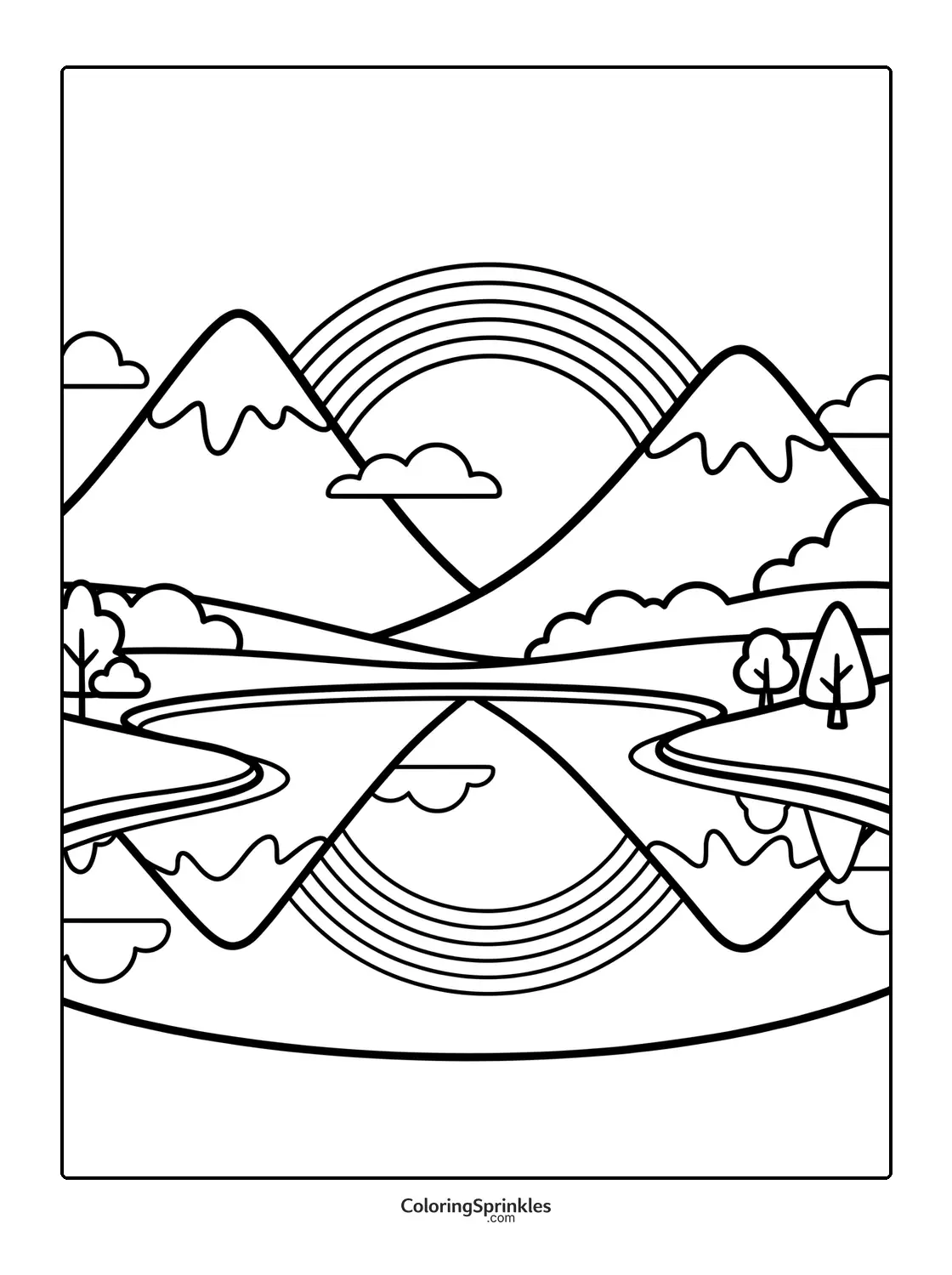 Coloring page of mountains with a river, rainbow, trees and clouds