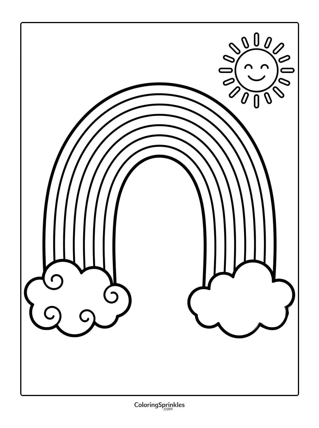 Coloring page of a rainbow with clouds and a smiling sun