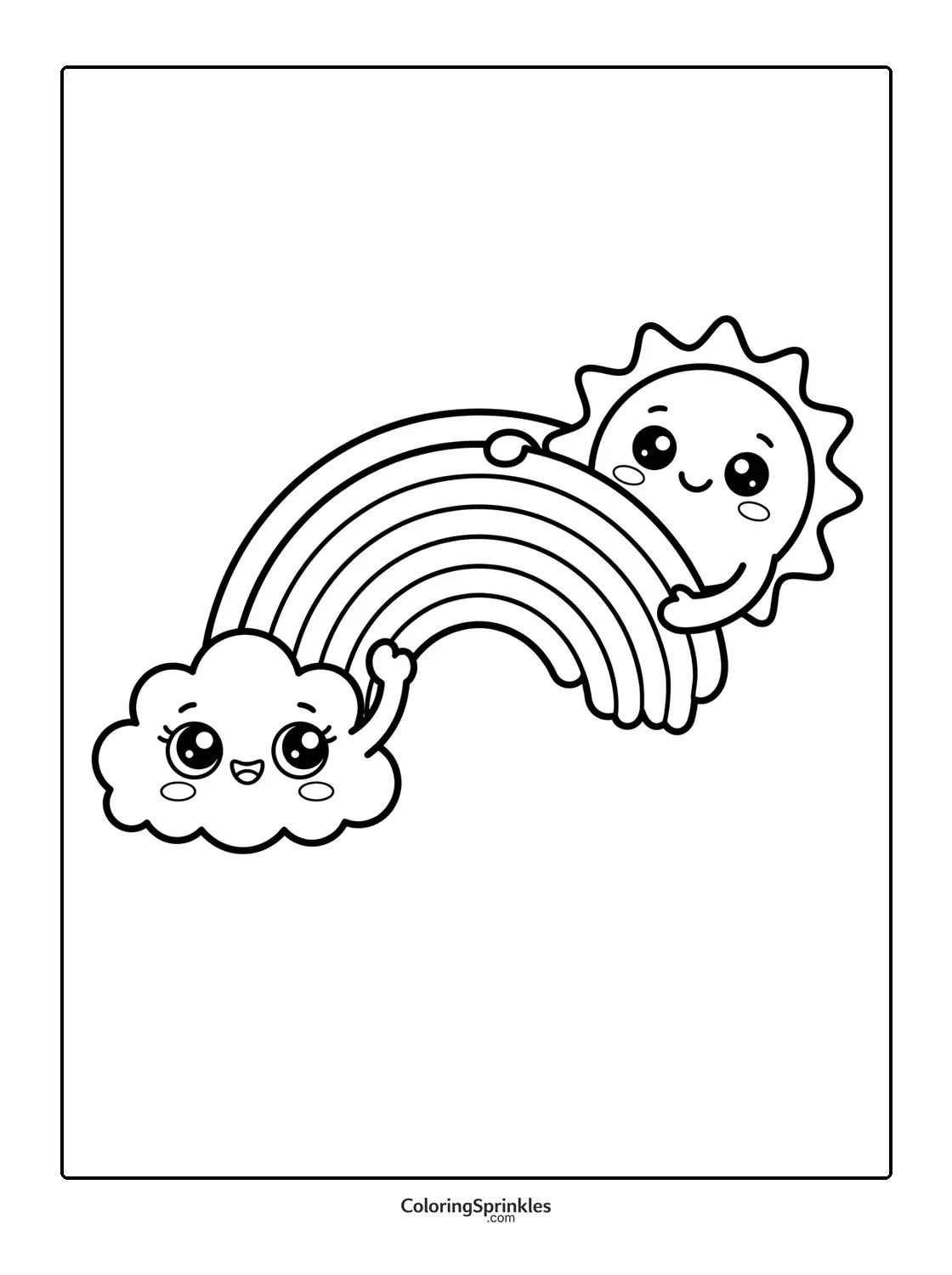 Coloring page of a sun and cloud holding a rainbow
