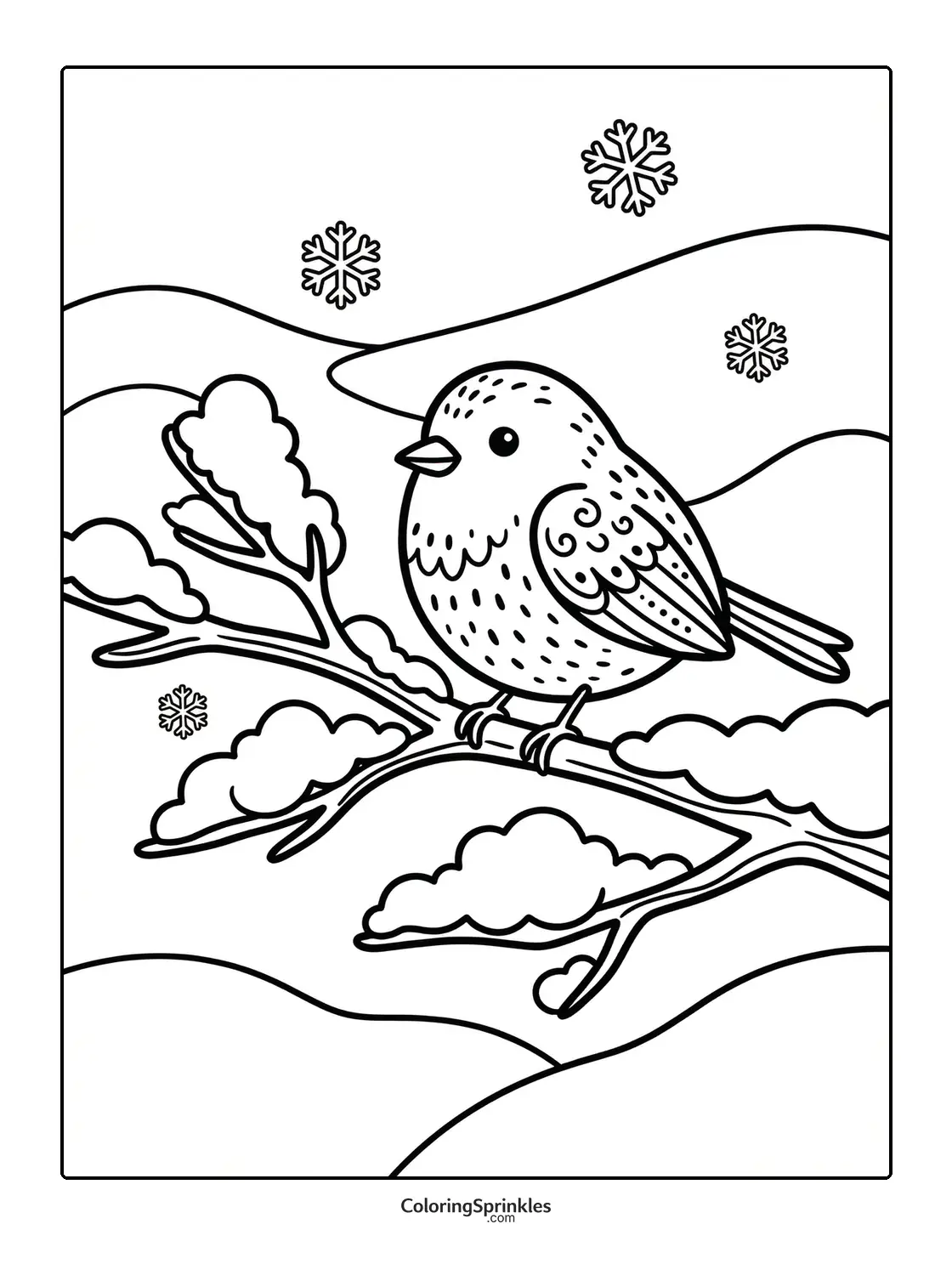 Coloring page of a bird perched on a snowy branch with snowflakes