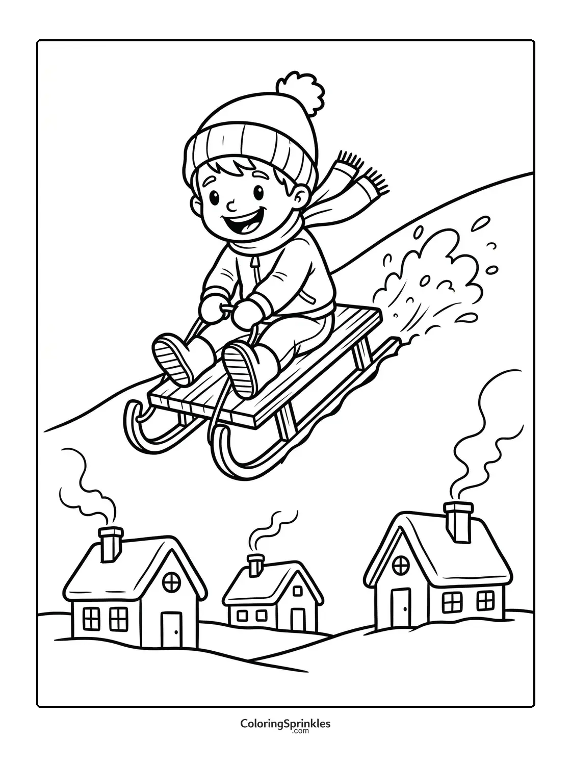 Coloring page of a boy sledding down a snowy hill near houses