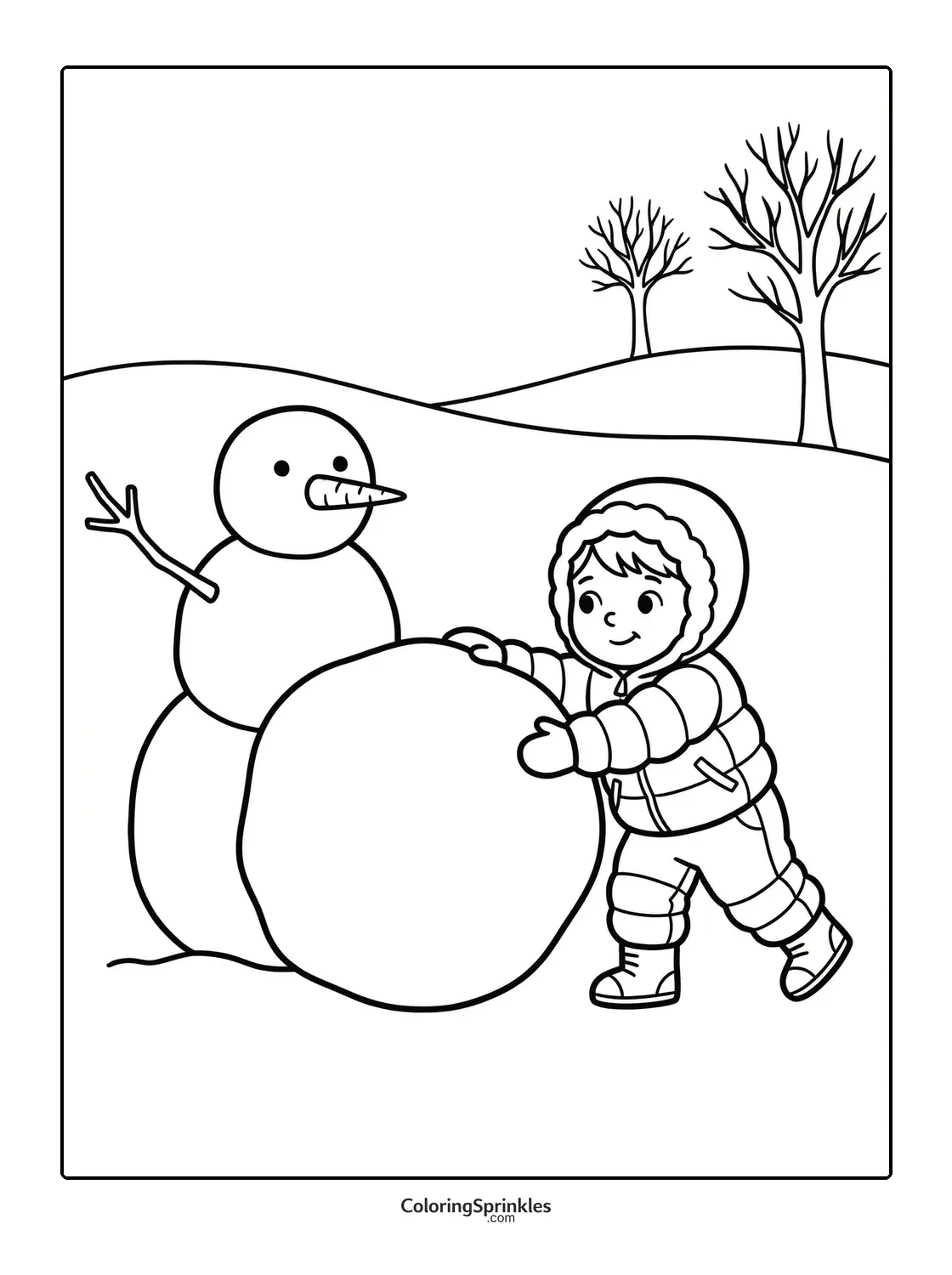 Coloring page of a child building a snowman in winter hills