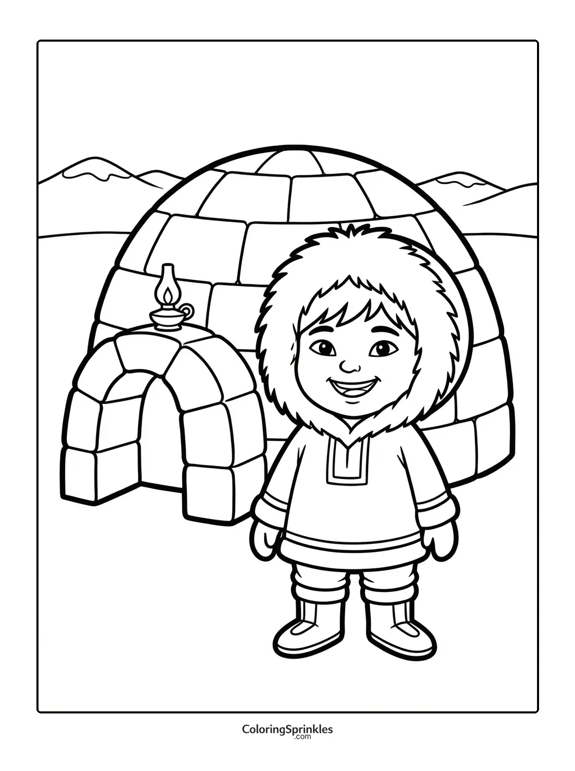 Coloring page of a child in Eskimo clothing standing by an igloo with a lamp and snowy mountains