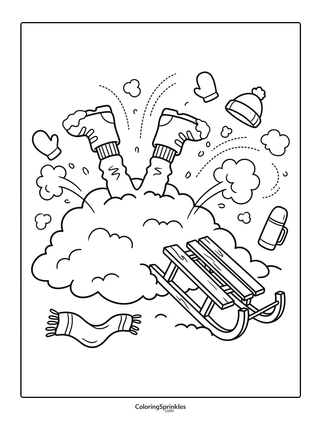Coloring page of a child falling into snow next to a sled