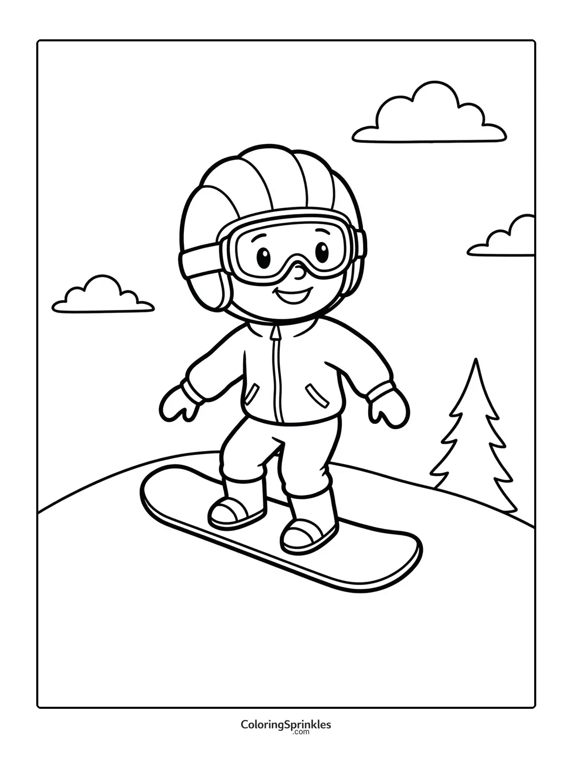 Coloring page of a child snowboarding wearing a helmet and goggles