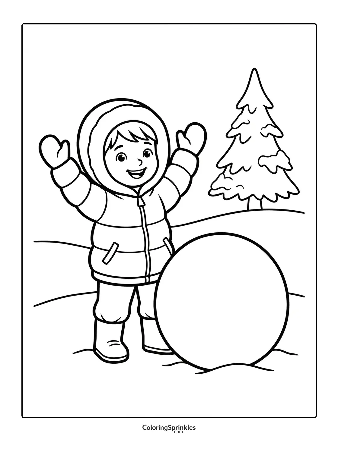 Coloring page of a child in a winter coat with a large snowball and a tree