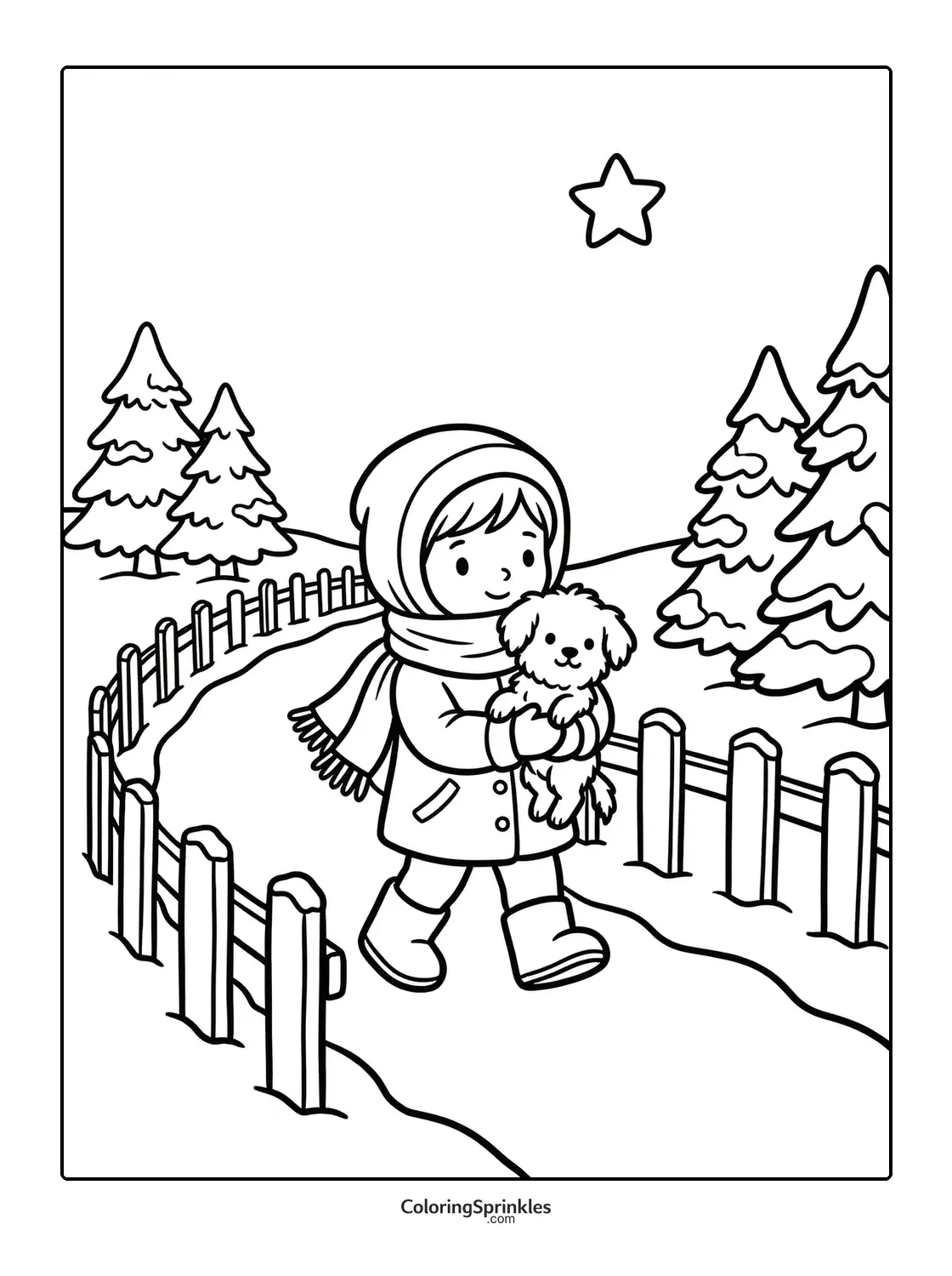 Coloring page of a child walking on a snowy path holding a puppy