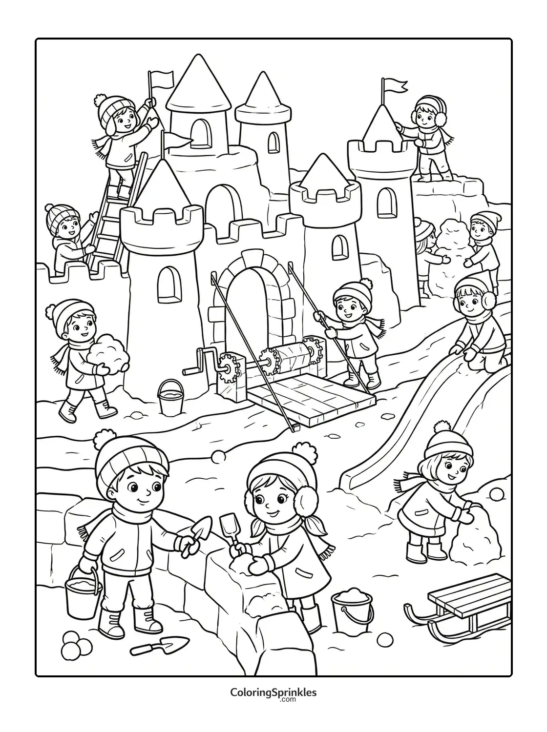 Coloring page of children building a large snow castle and playing in winter