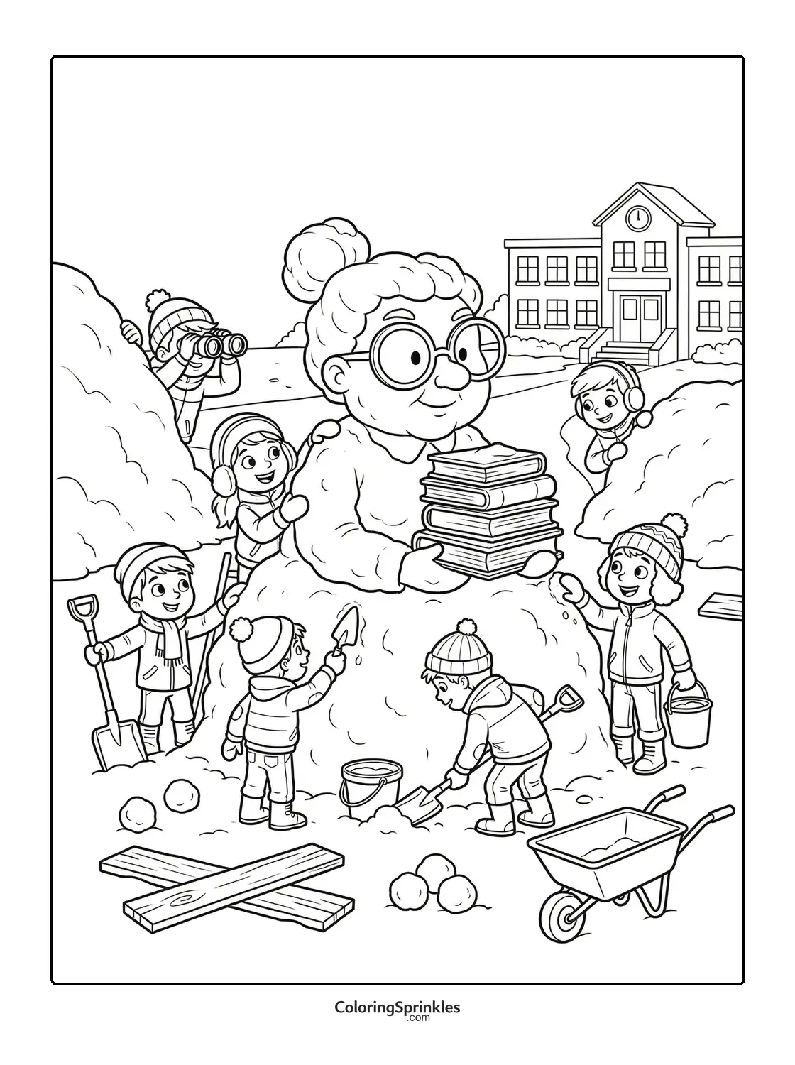 Coloring page of children building a snow sculpture of a grandma holding books near a school