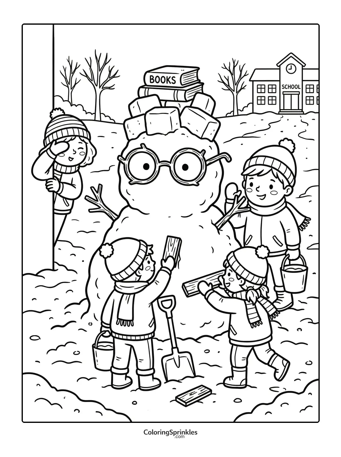 Coloring page of children building a snowman with glasses and books near a school