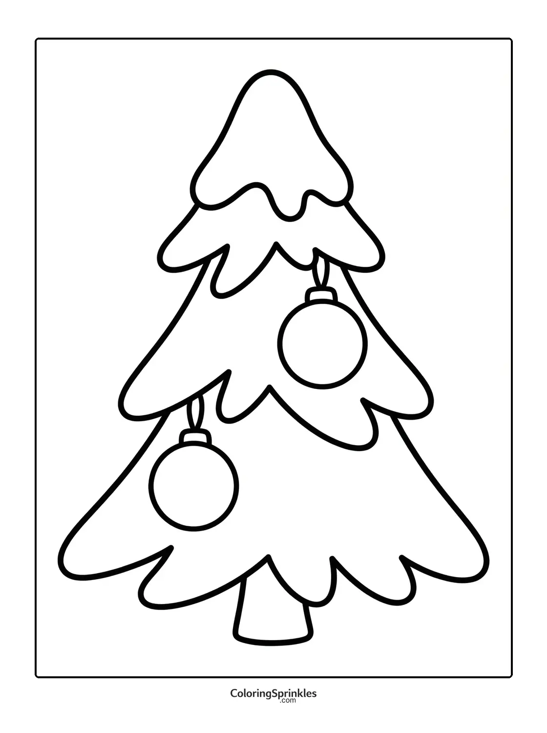 Coloring page of a simple Christmas tree with two ornaments