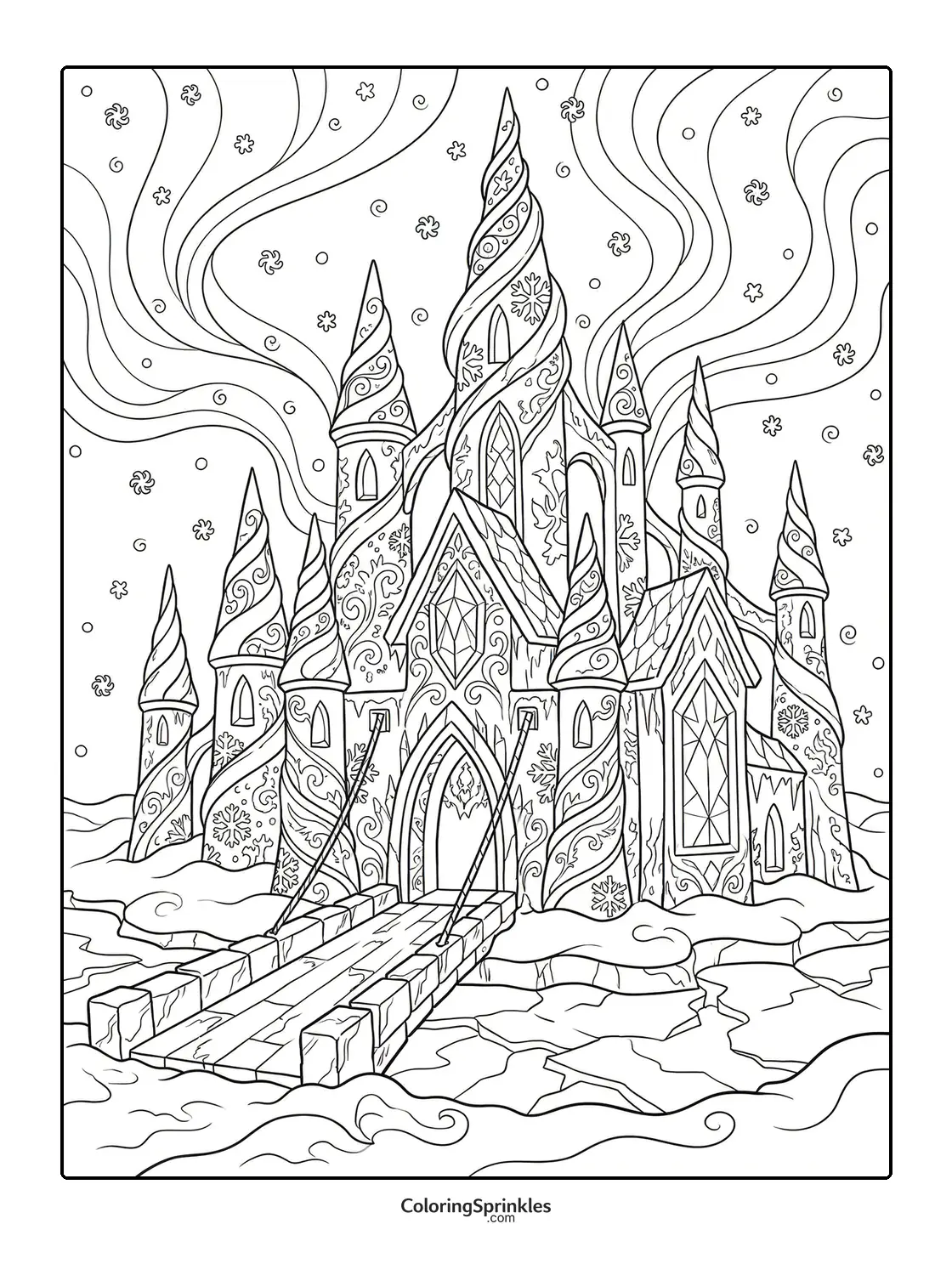 Coloring page of a fantasy ice castle with a stone bridge and snowflakes