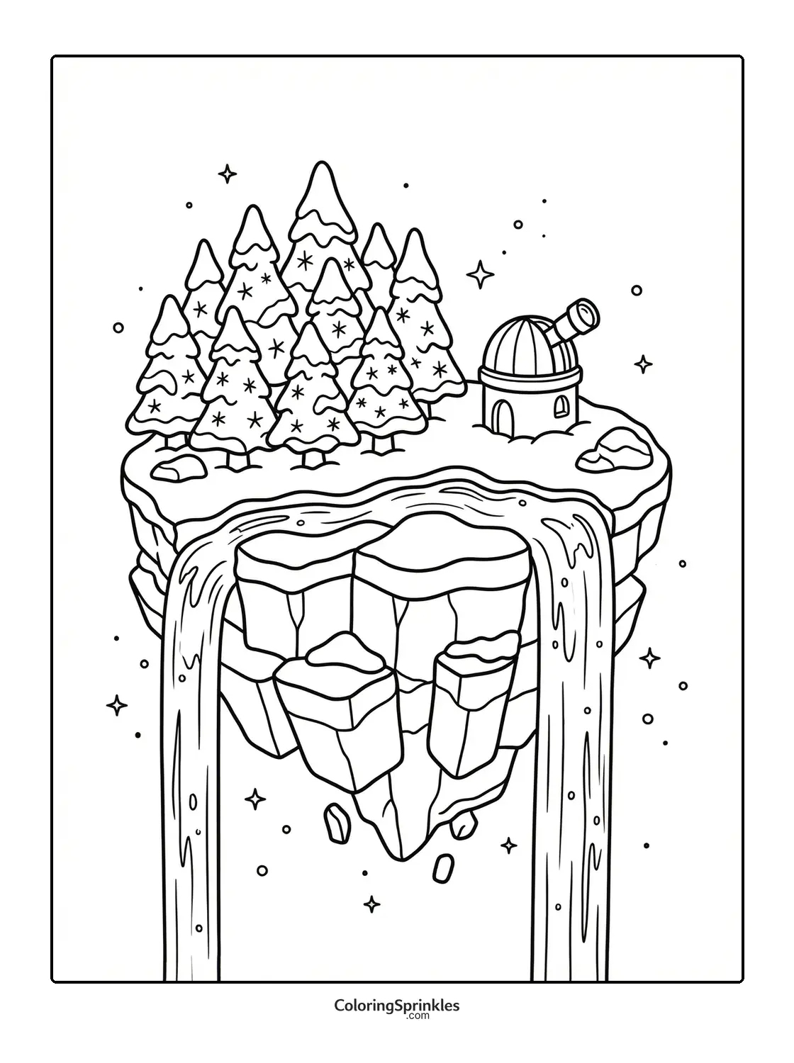 Coloring page of a floating island with snowy trees, an observatory, and a waterfall