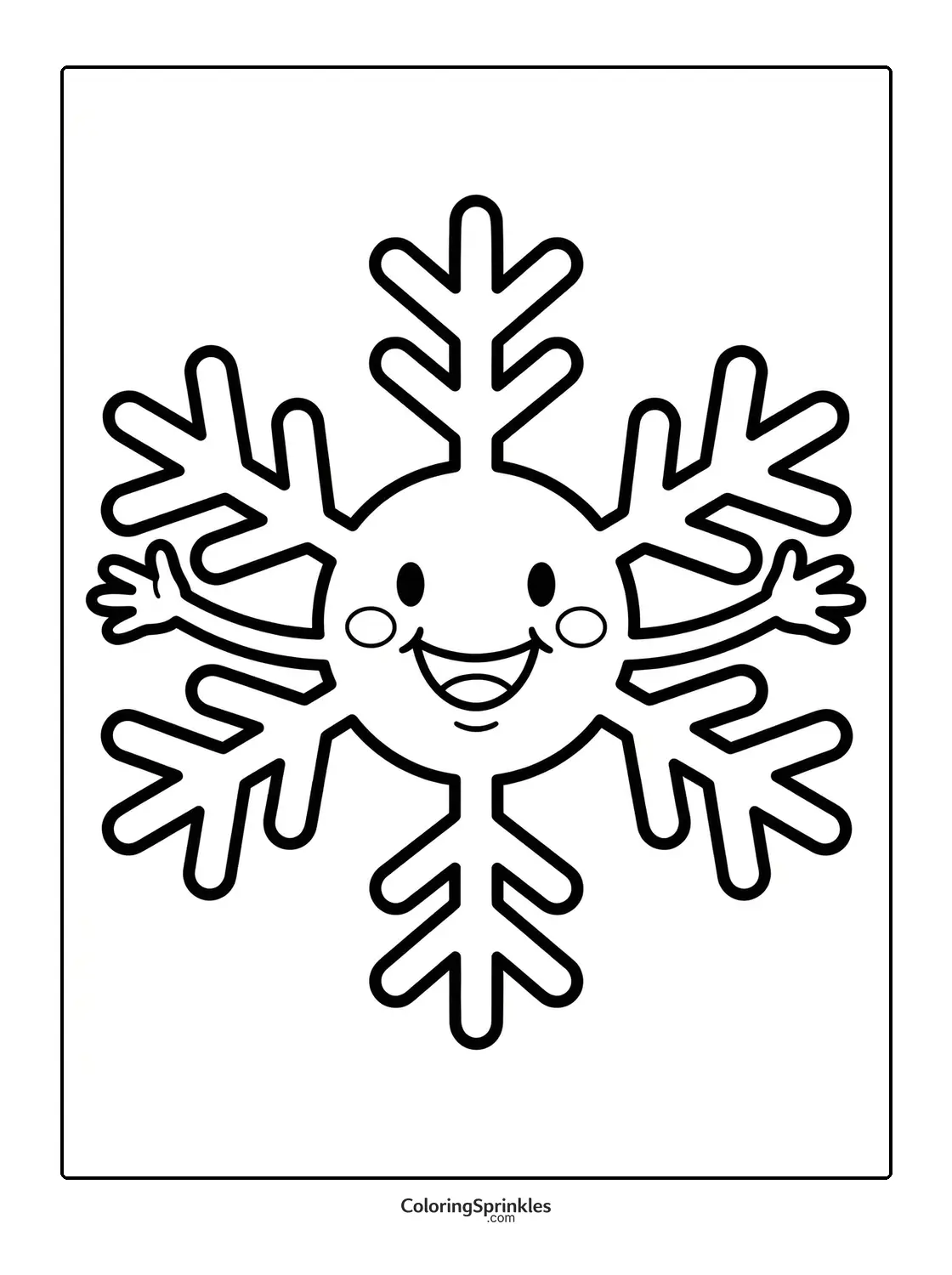 Coloring page of a happy snowflake with a smiling face and outstretched arms