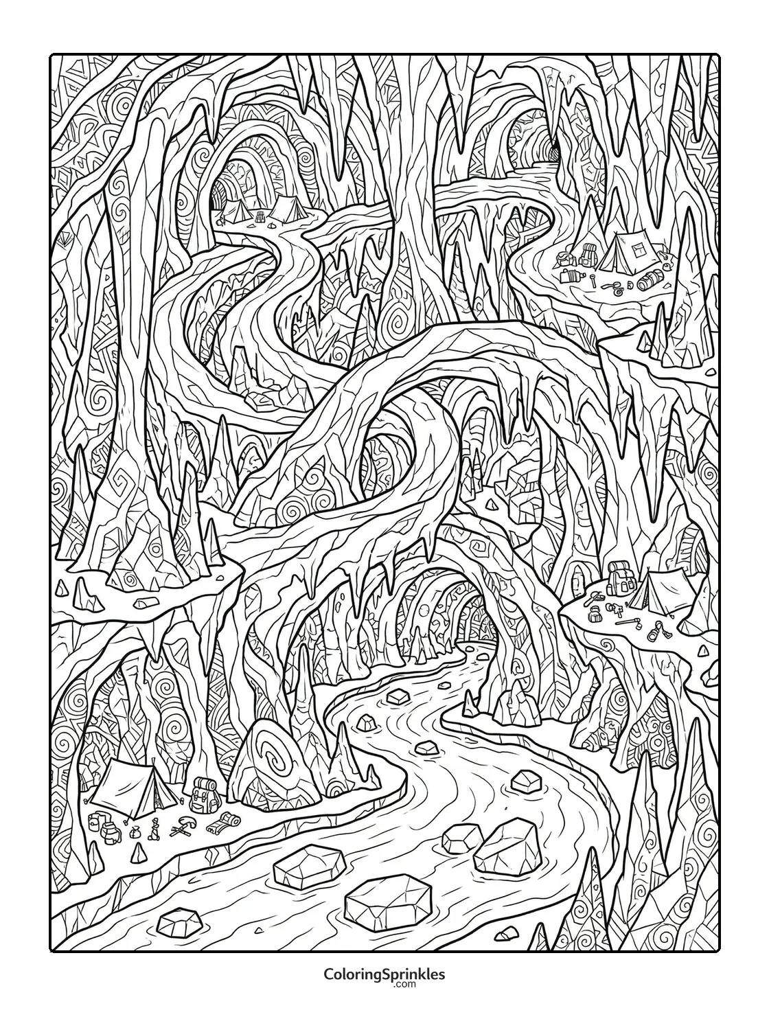 Coloring page of an ice cave with a winding river and camping tents
