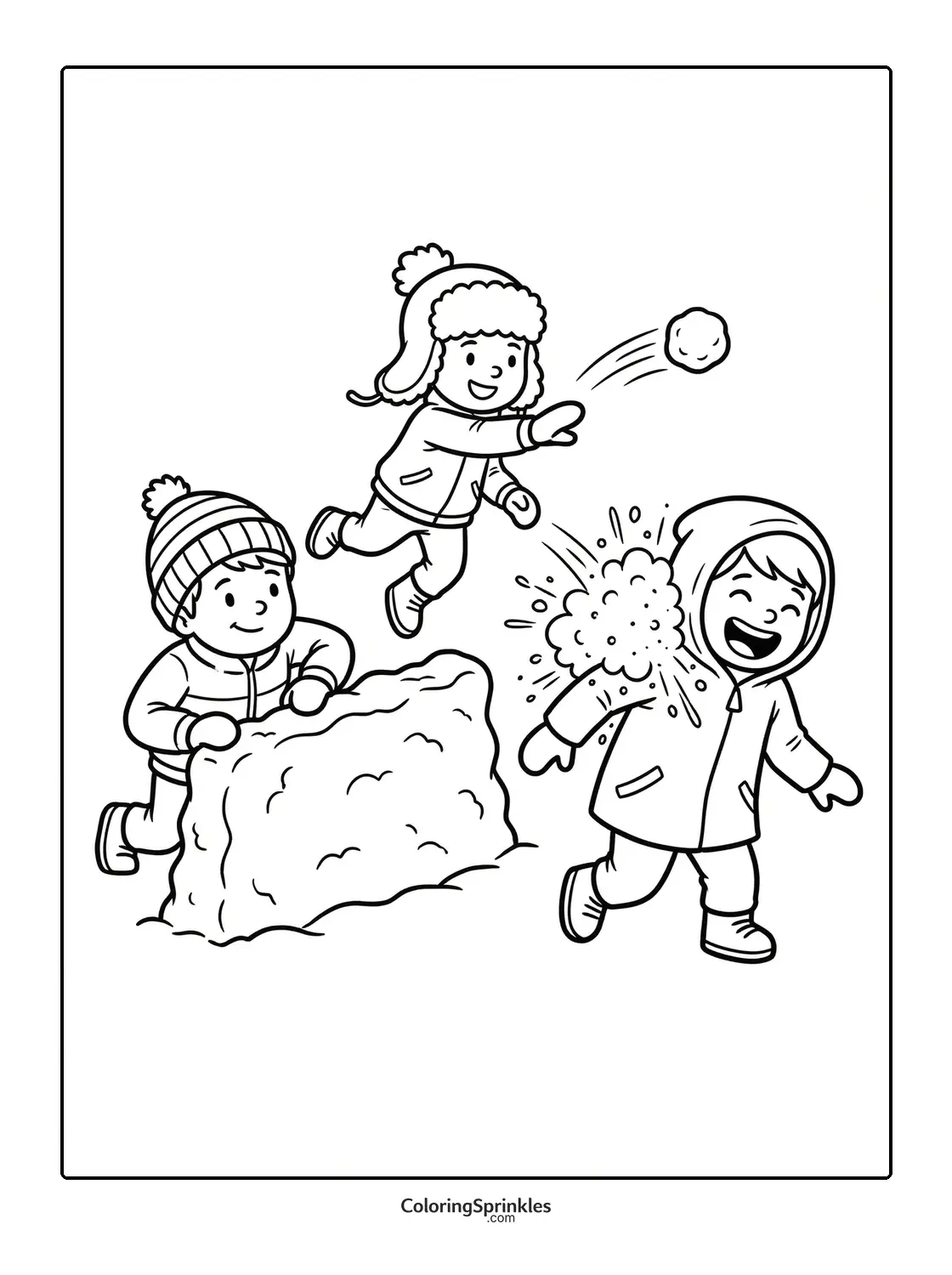 Coloring page of kids having a snowball fight in winter