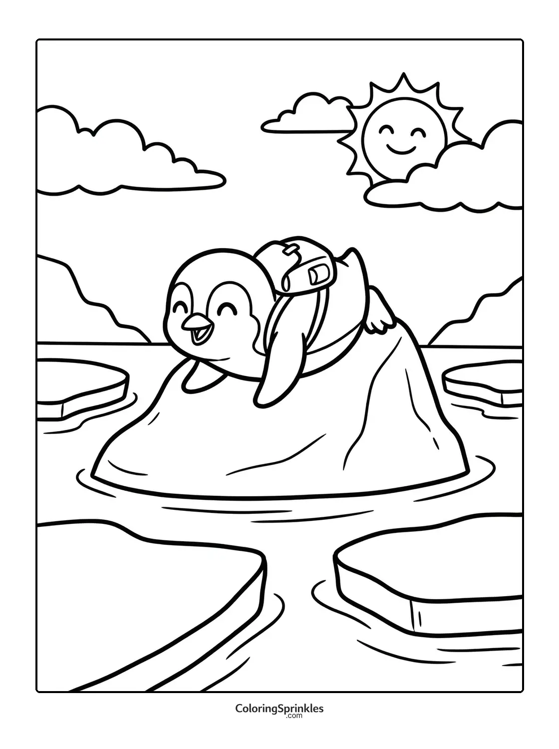Coloring page of a happy penguin with a backpack on an iceberg under the sun and clouds