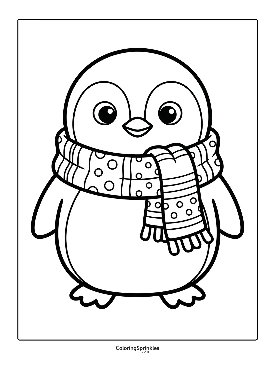 Coloring page of a cute penguin wearing a patterned scarf