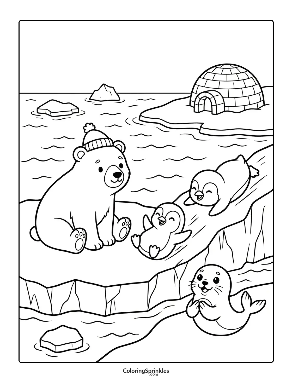 Coloring page of a polar bear wearing a hat with penguins, a seal, and an igloo on icebergs