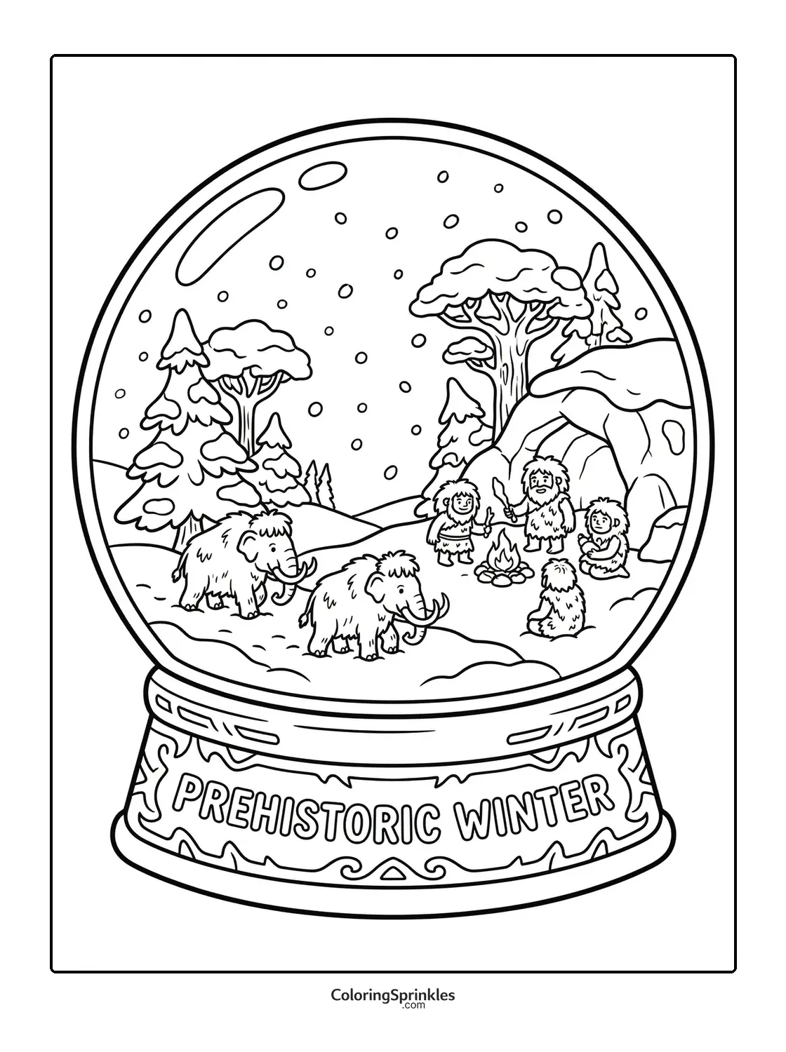 Coloring page of a prehistoric winter scene inside a snow globe with mammoths and cave people