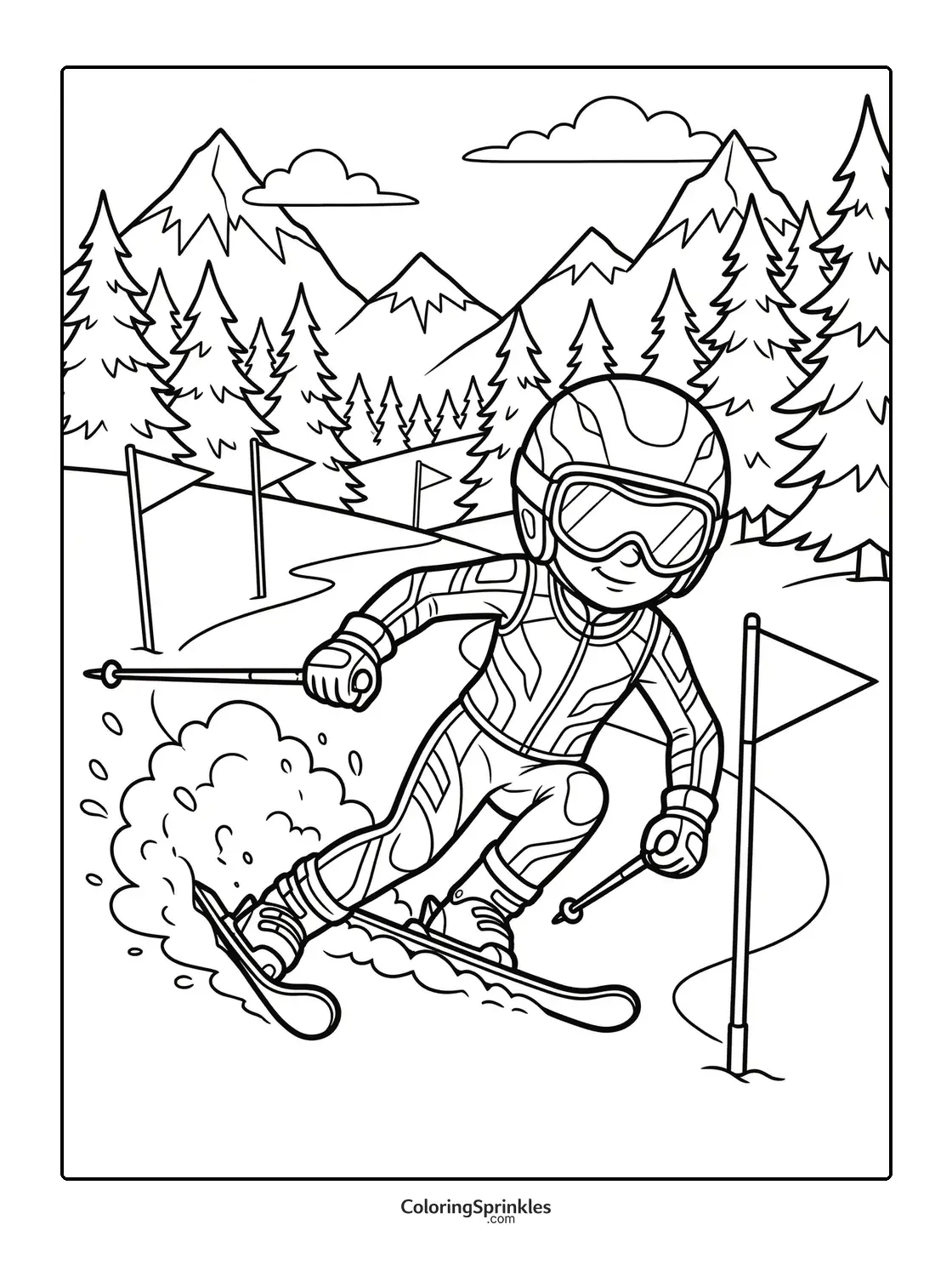 Coloring page of a child skiing down a snowy mountain race course