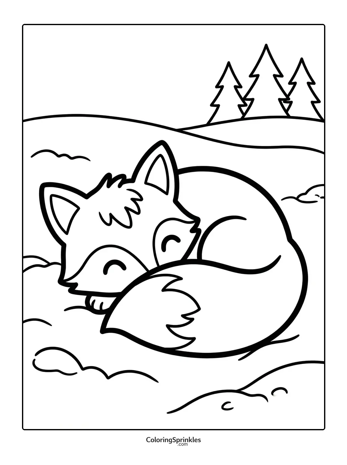 Coloring page of a sleeping fox curled up in the snow with pine trees in the background