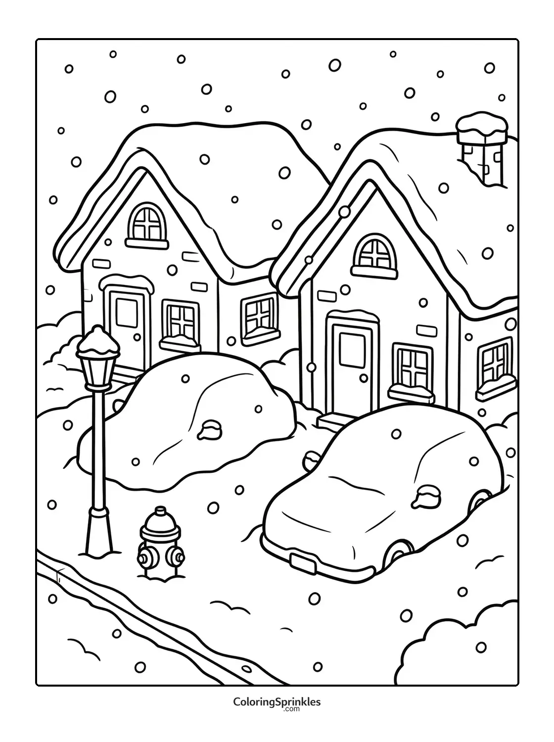Coloring page of snow-covered cars and houses in a winter scene