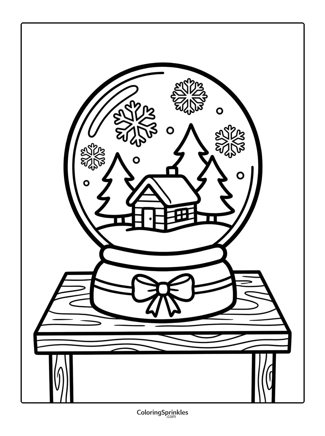 Coloring page of a snow globe with a cabin, pine trees, and snowflakes