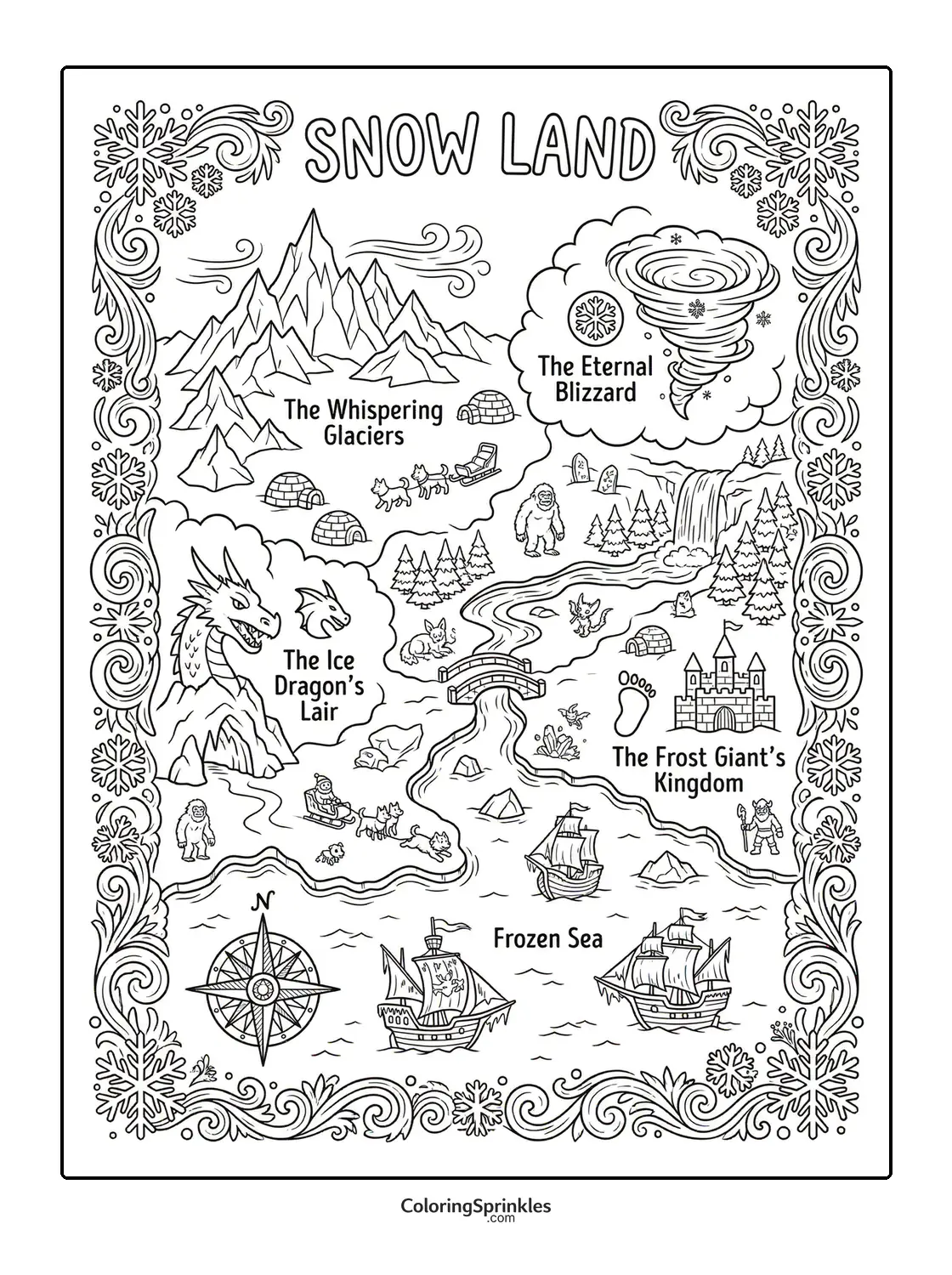 Coloring page of a fantasy snow land map with ice dragon lair and frost giant kingdom