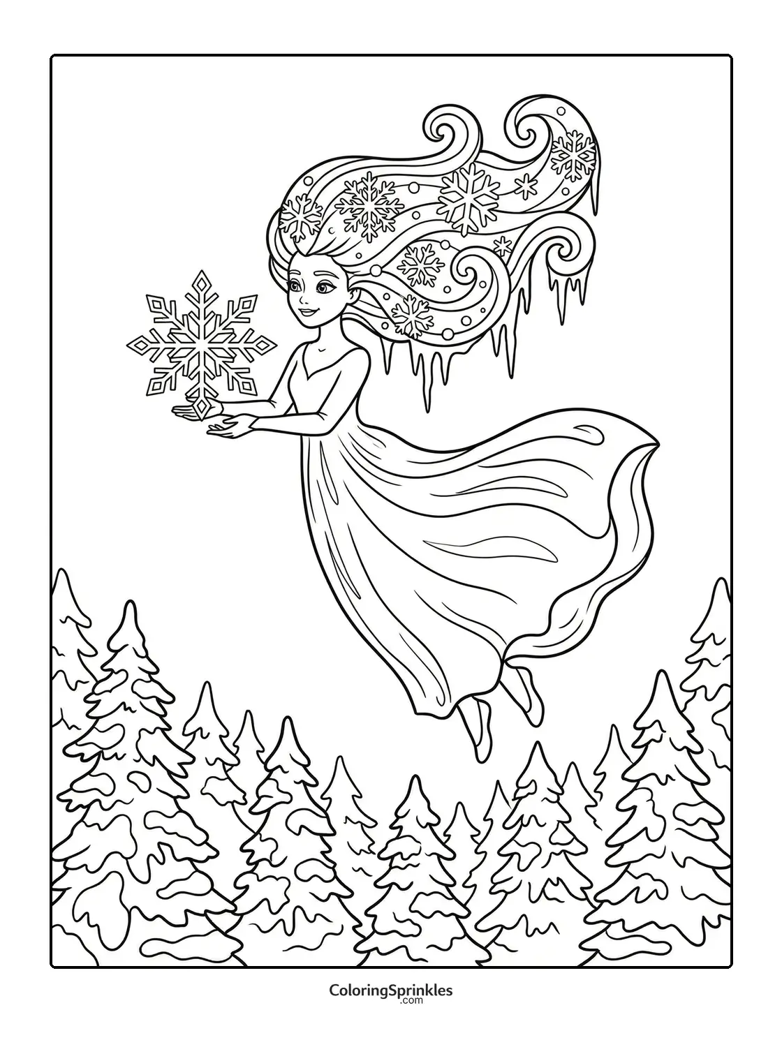 Coloring page of a snow queen flying and holding a large snowflake above a snowy forest