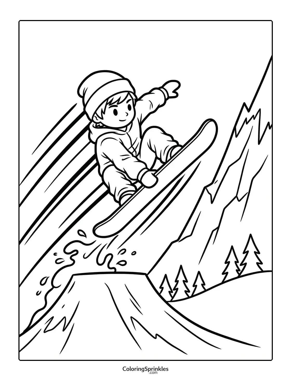 Coloring page of a snowboarder jumping off a ramp near mountains and trees