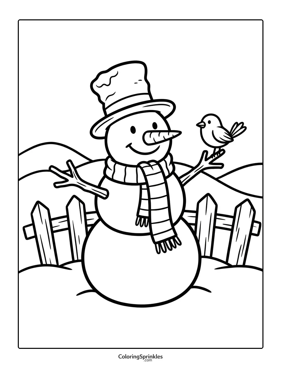Coloring page of a snowman wearing a scarf and hat with a bird on its arm near a fence