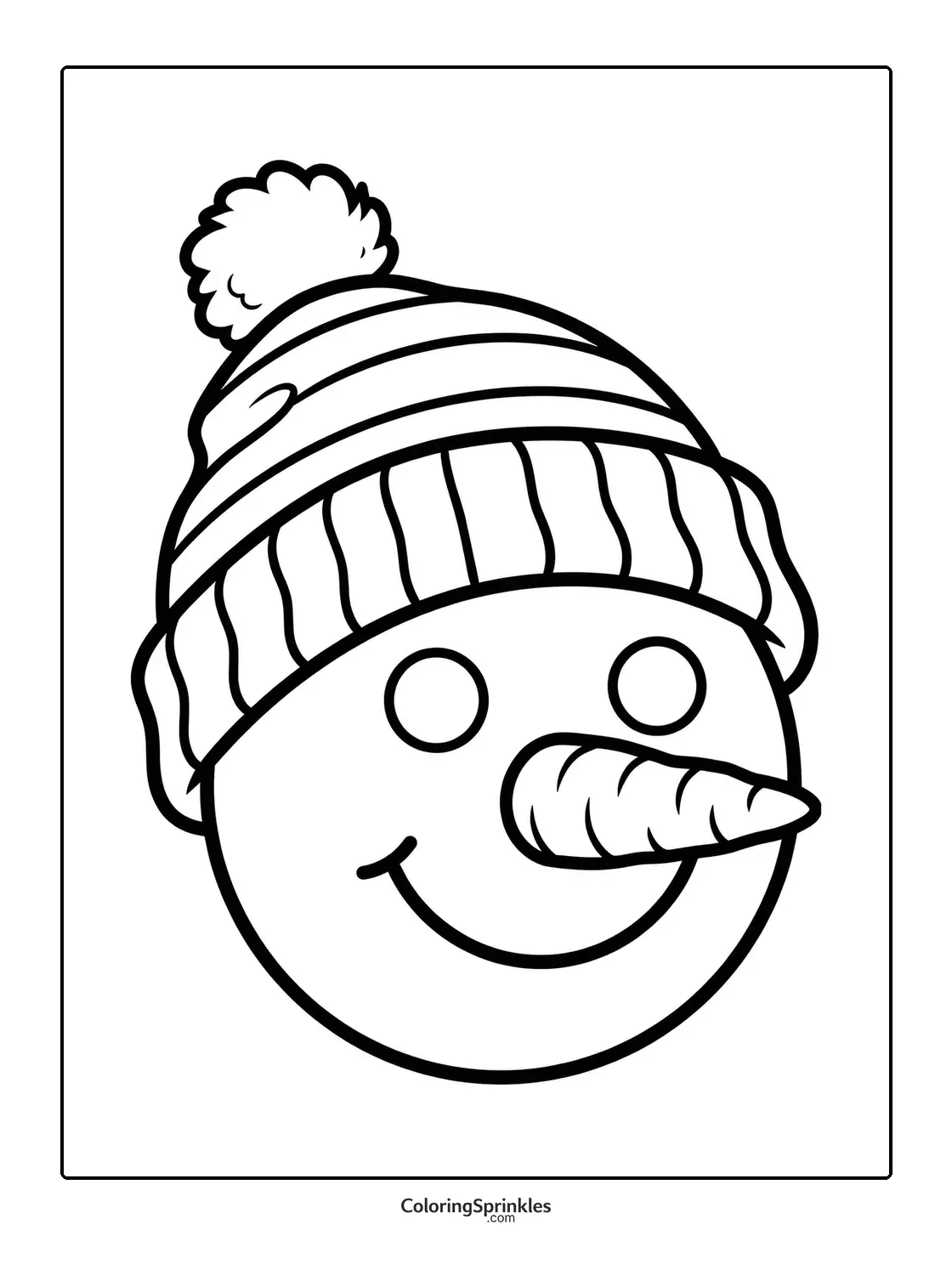 Coloring page of a snowman face with a winter hat and carrot nose