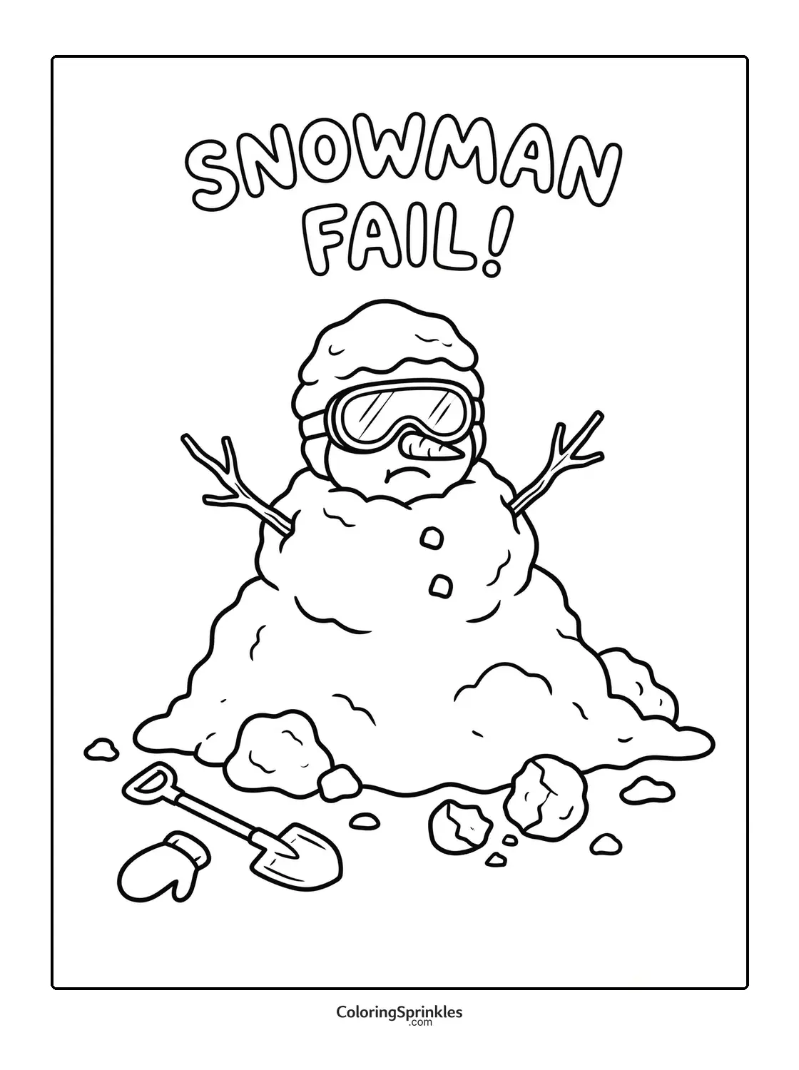 Coloring page of a snowman fail with a shovel, mitten, and goggles