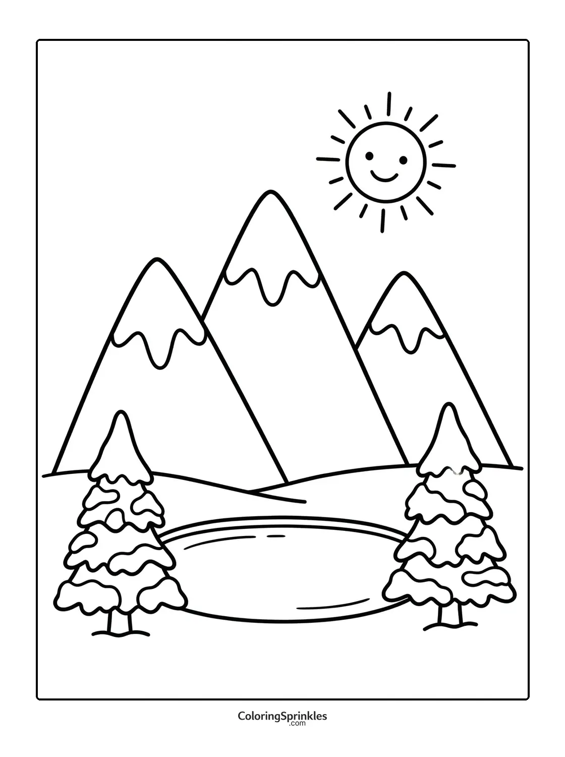 Coloring page of snowy mountains with pine trees and a pond under a smiling sun