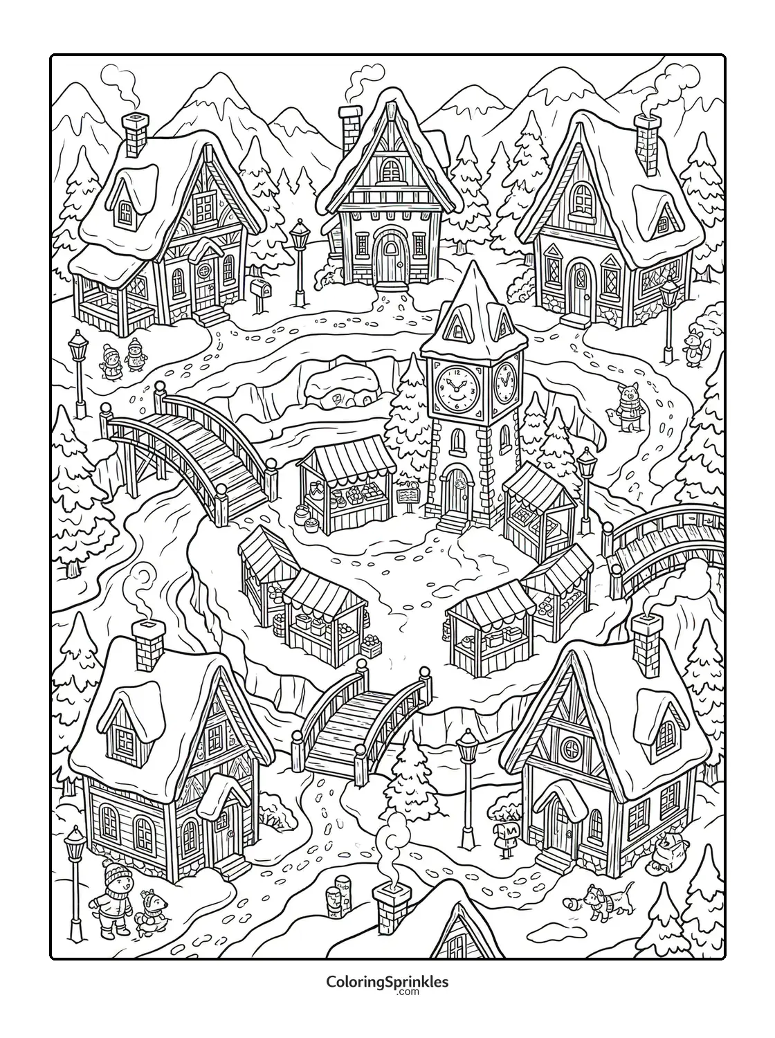 Coloring page of a snowy village with a clock tower, bridges, and market stalls