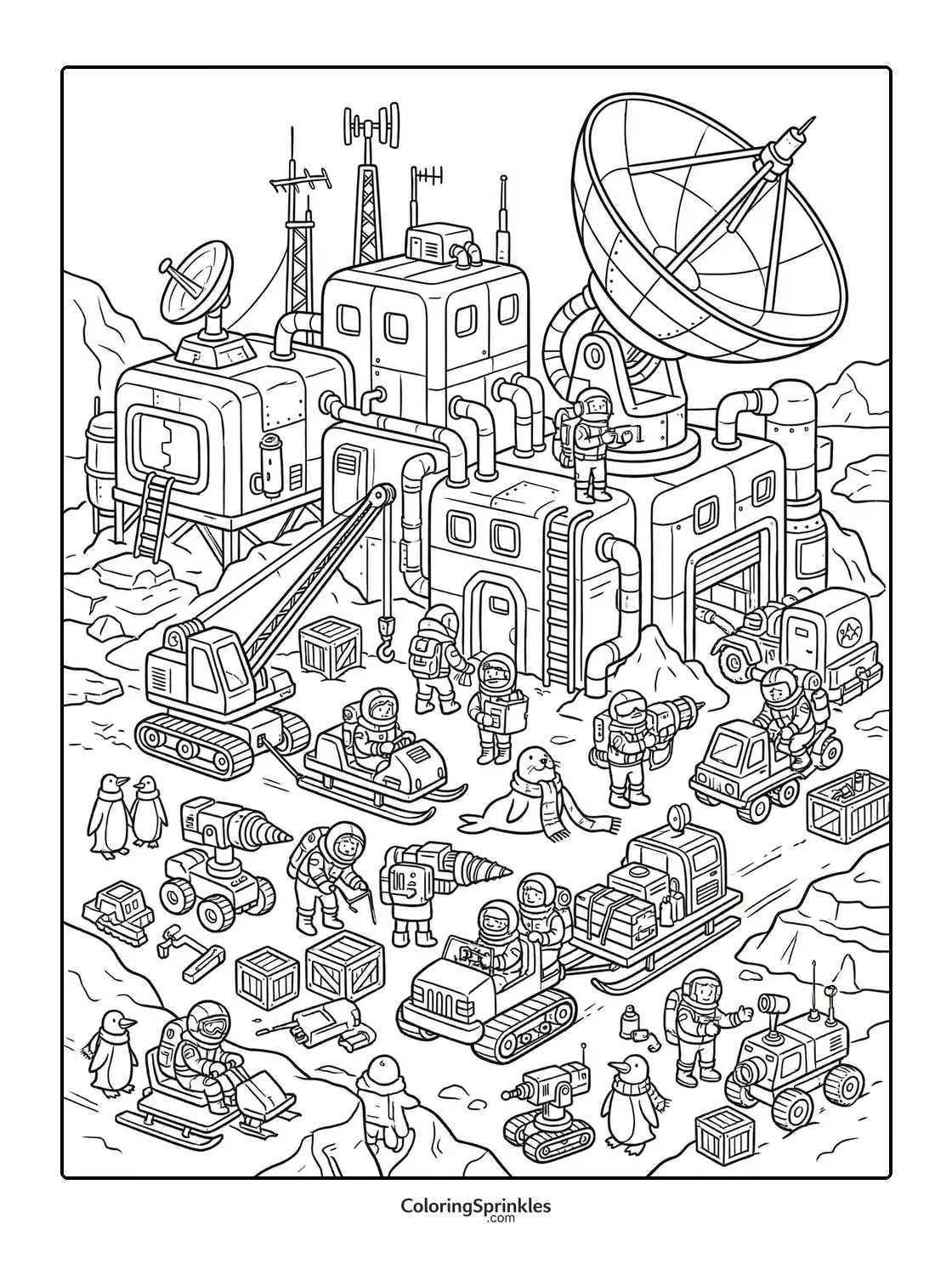 Coloring page of a space base with astronauts, penguins, and vehicles