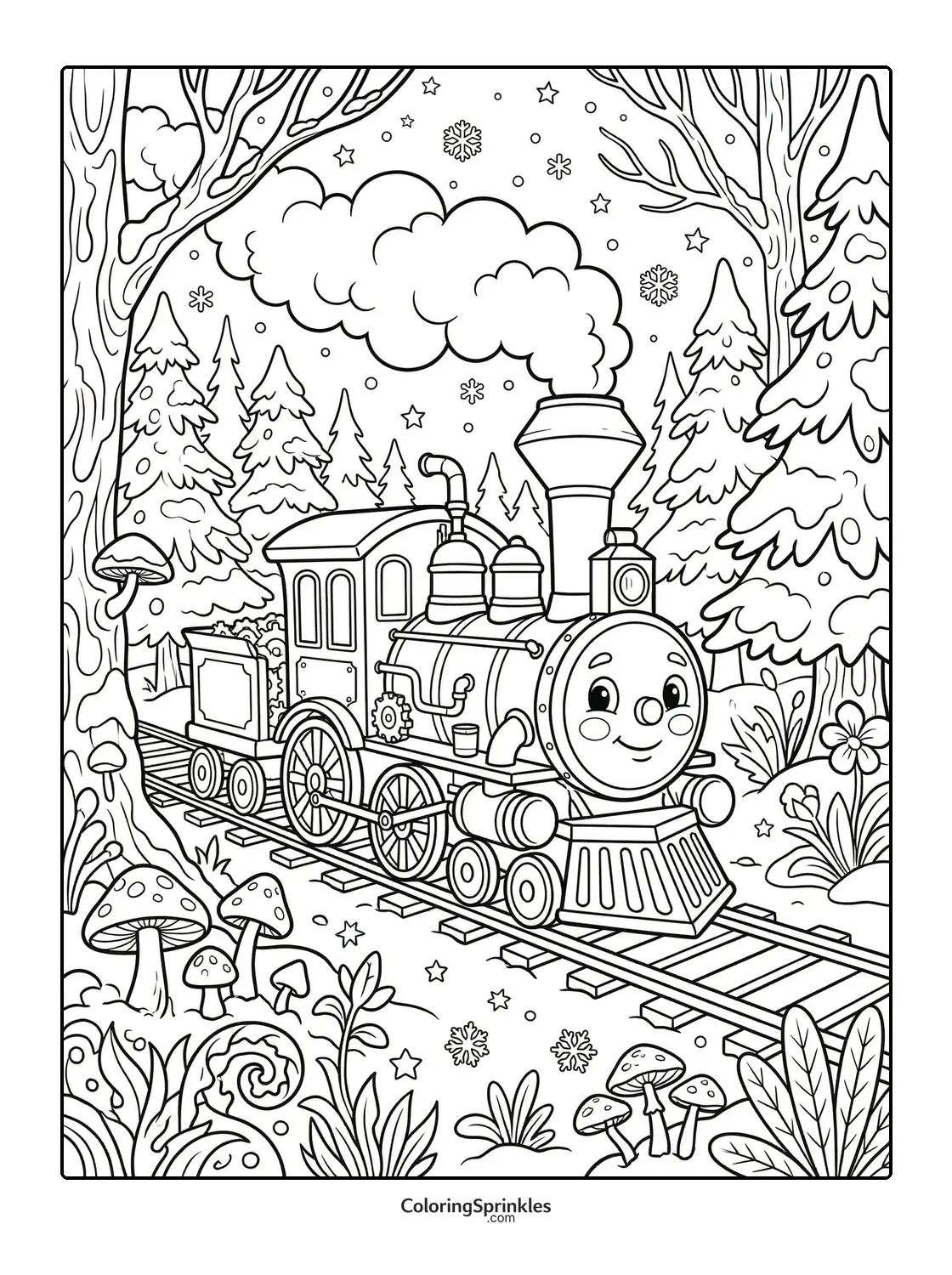 Coloring page of a smiling steam train in a forest with mushrooms