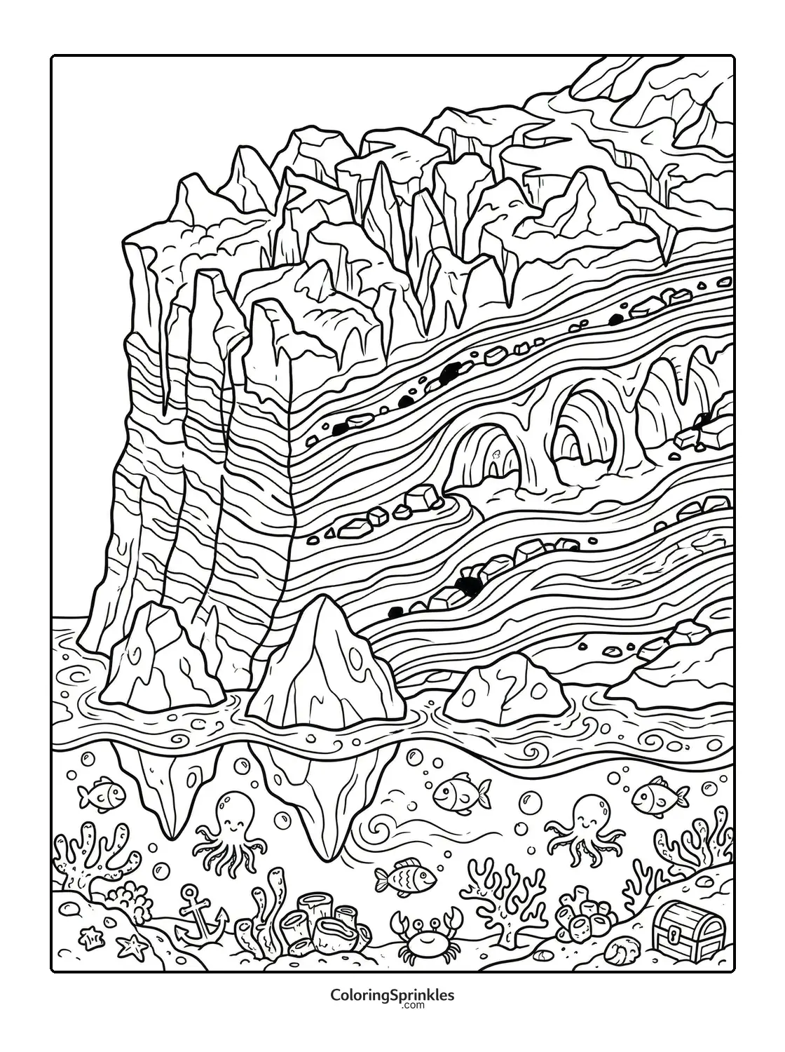 Coloring page of an underwater ocean scene with rocks, coral, and sea life
