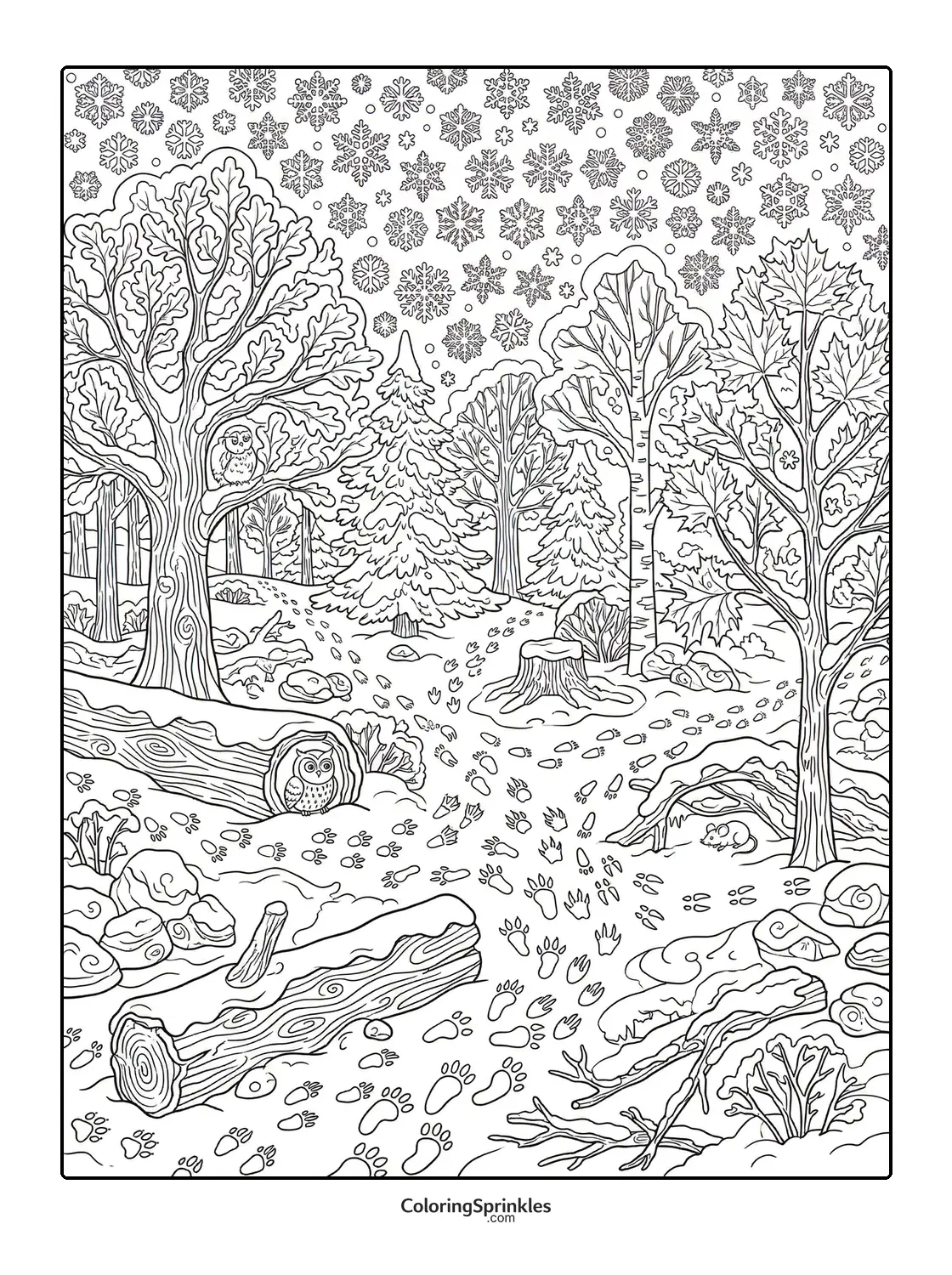 Coloring page of a winter forest scene with owls, animal tracks, and snowflakes