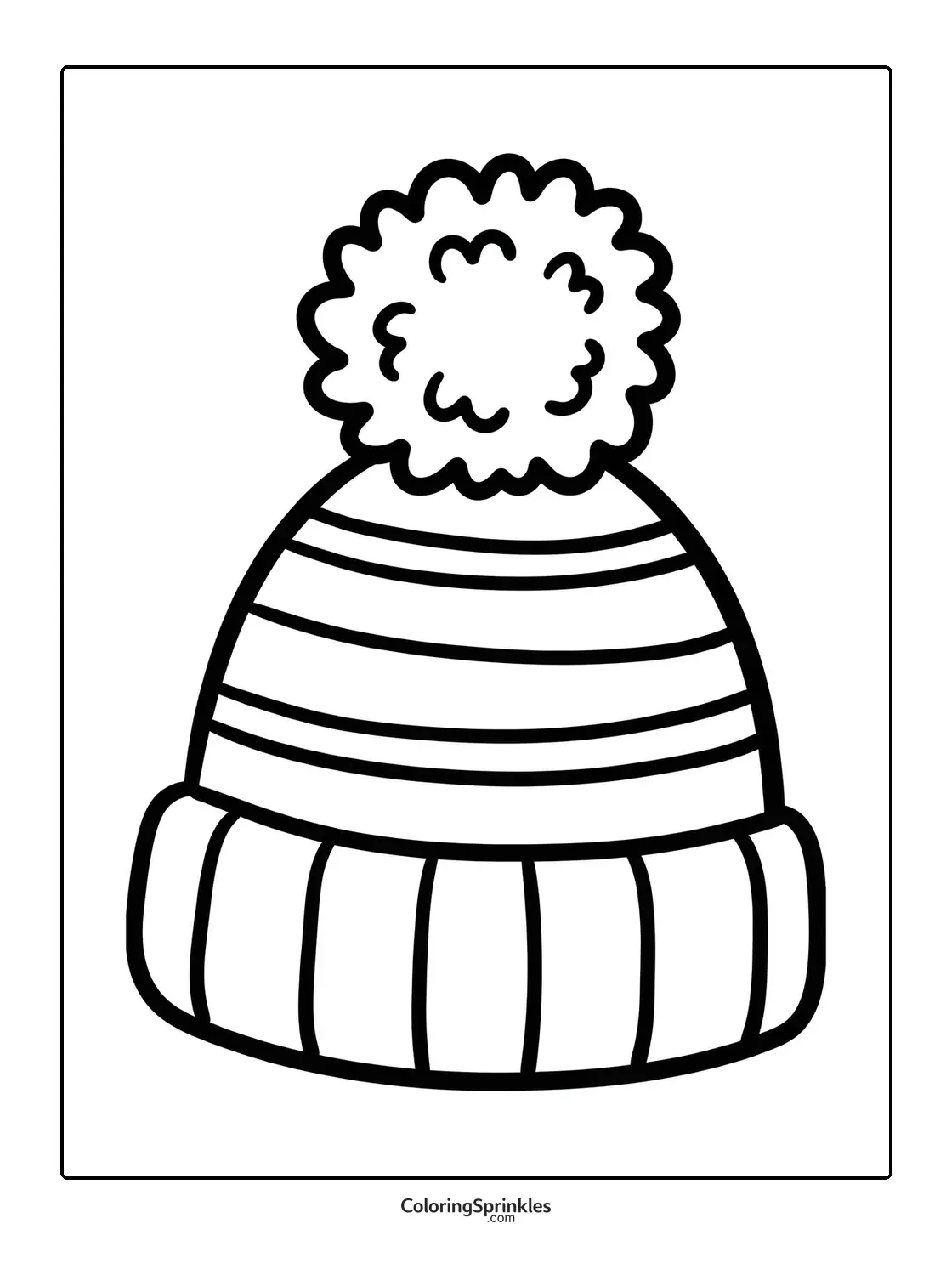 Coloring page of a winter hat with stripes and a pom pom