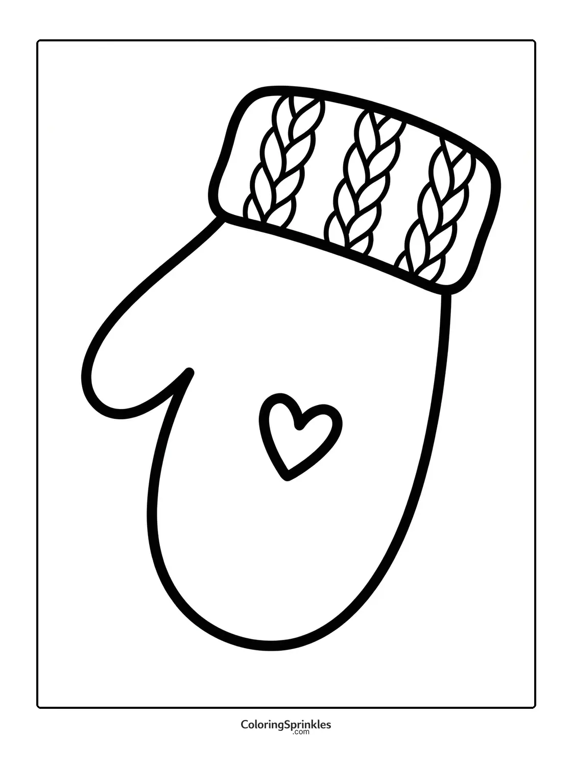 Coloring page of a winter mitten with a heart and cable knit cuff