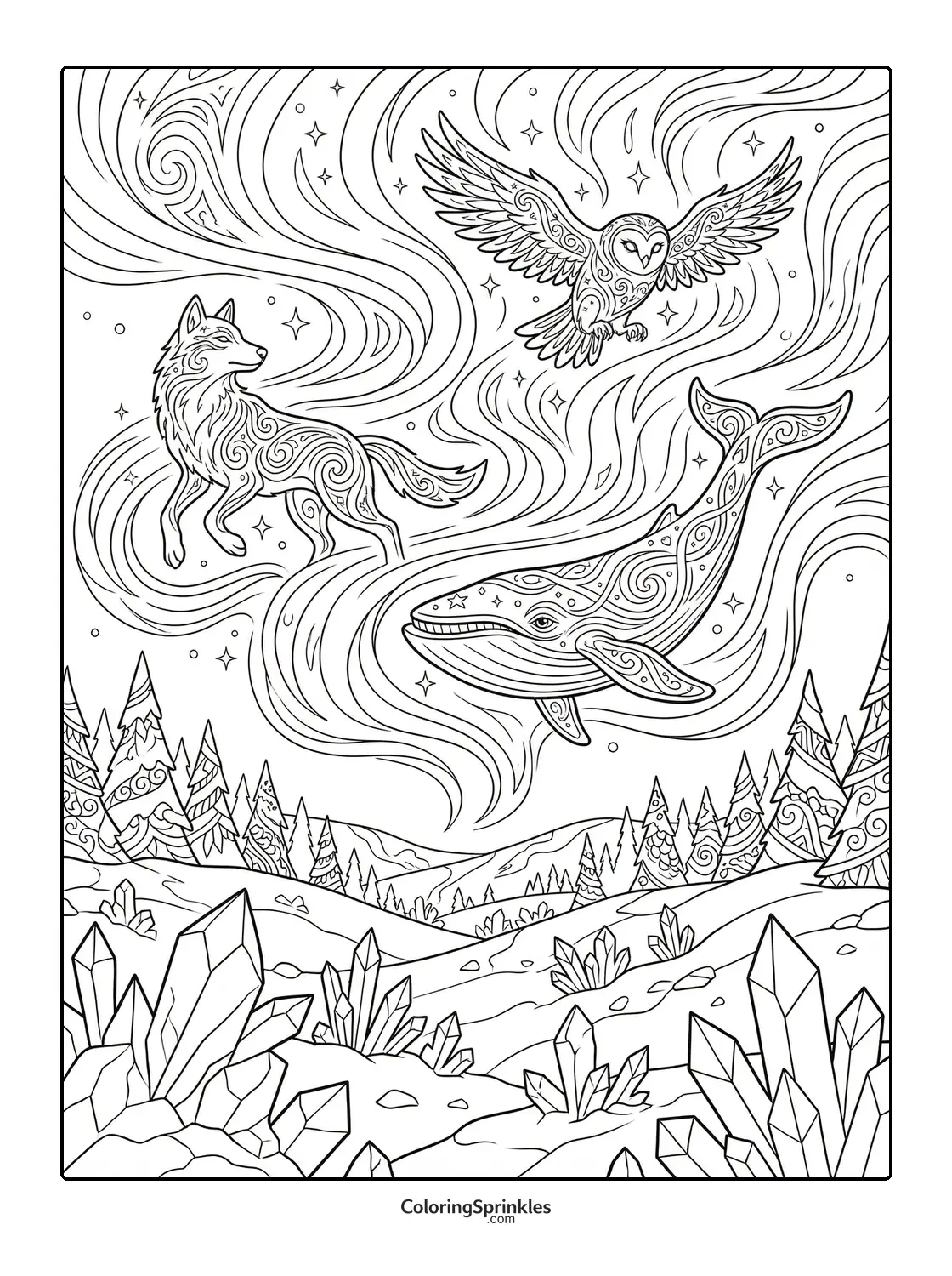 Coloring page of a wolf, owl, and whale with swirling patterns above a crystal-filled forest hill landscape