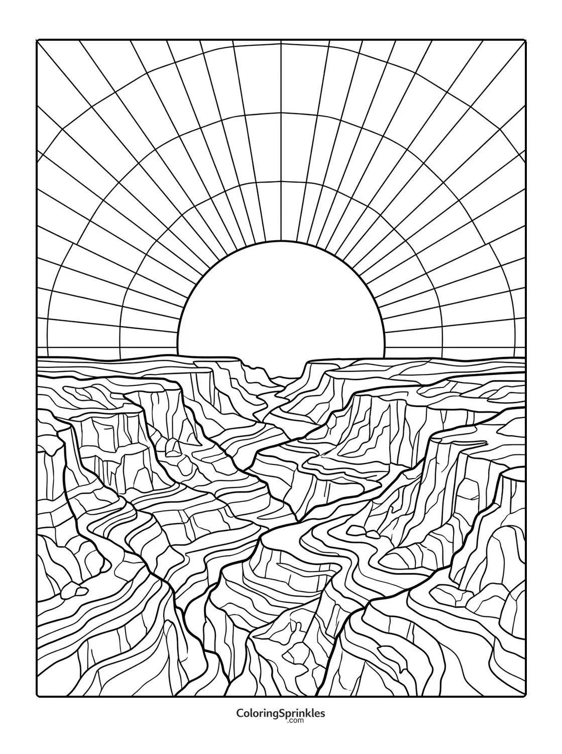 Coloring page of a sunrise over a canyon landscape
