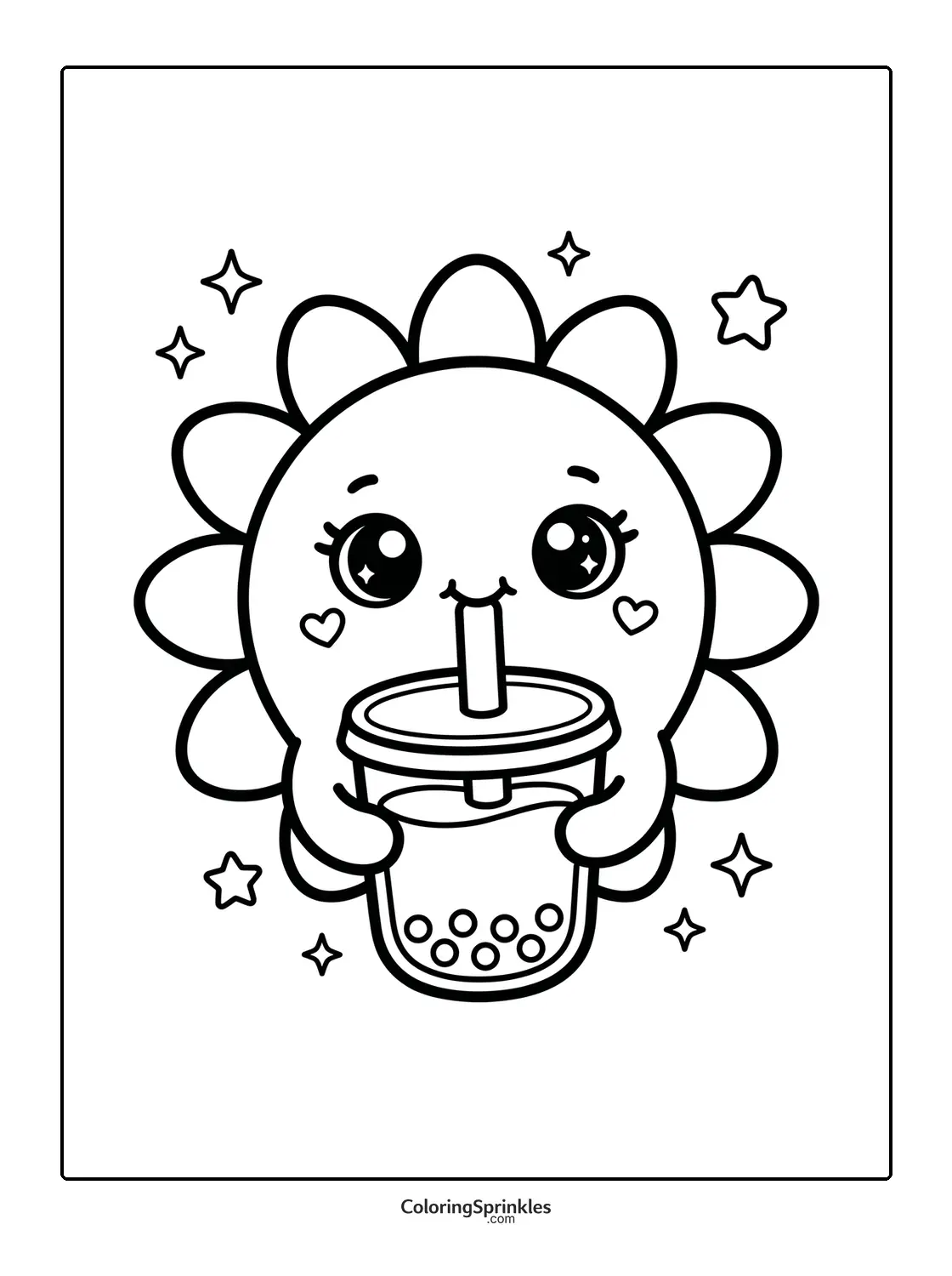 Coloring page of a cute sun drinking bubble tea surrounded by stars