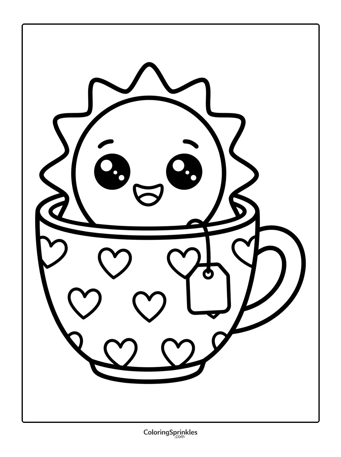 Coloring page of a cute sun sitting inside a tea cup with hearts